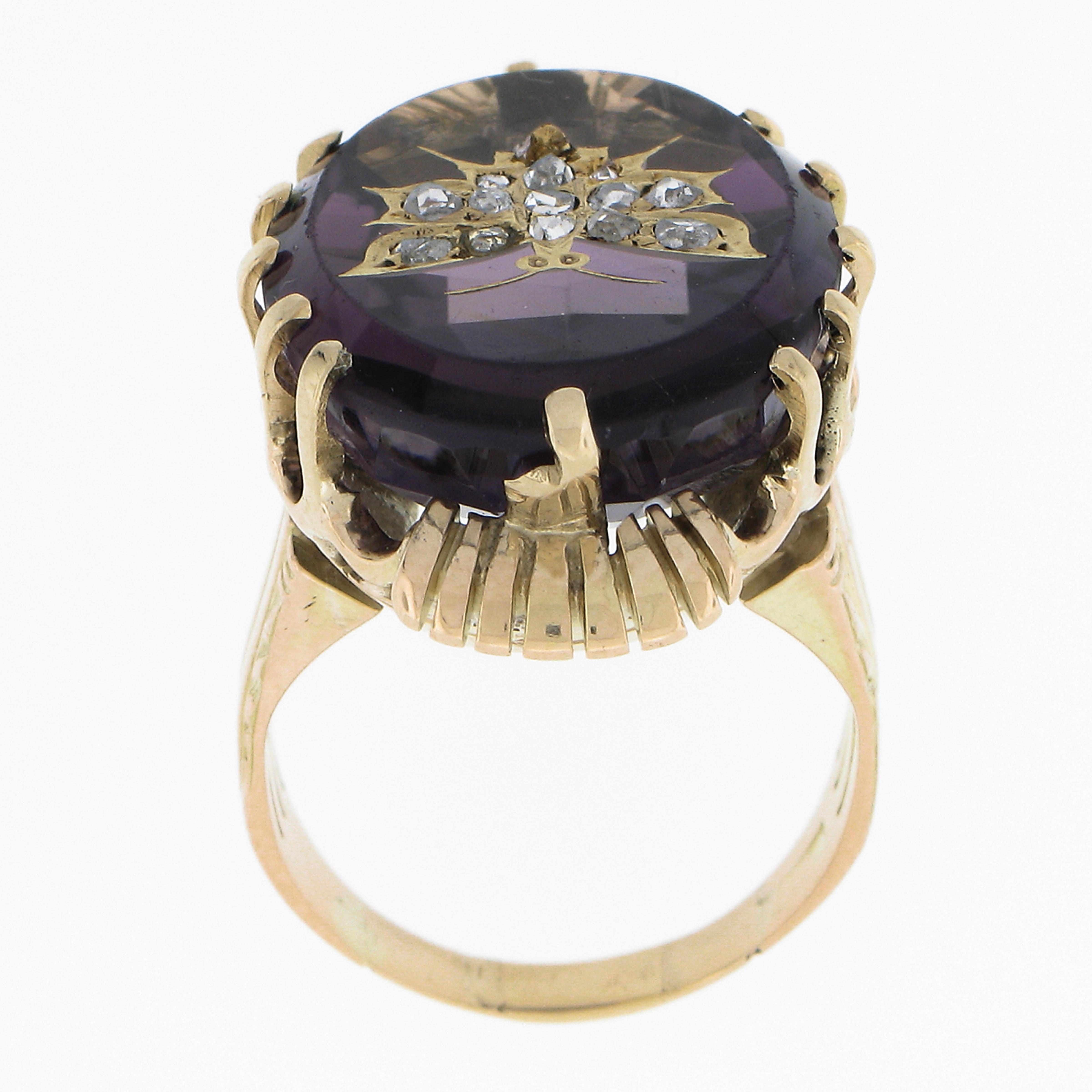 Antique 14k Gold Oval Amethyst & Rose Cut Diamond Butterfly Inlaid Cocktail Ring For Sale 3