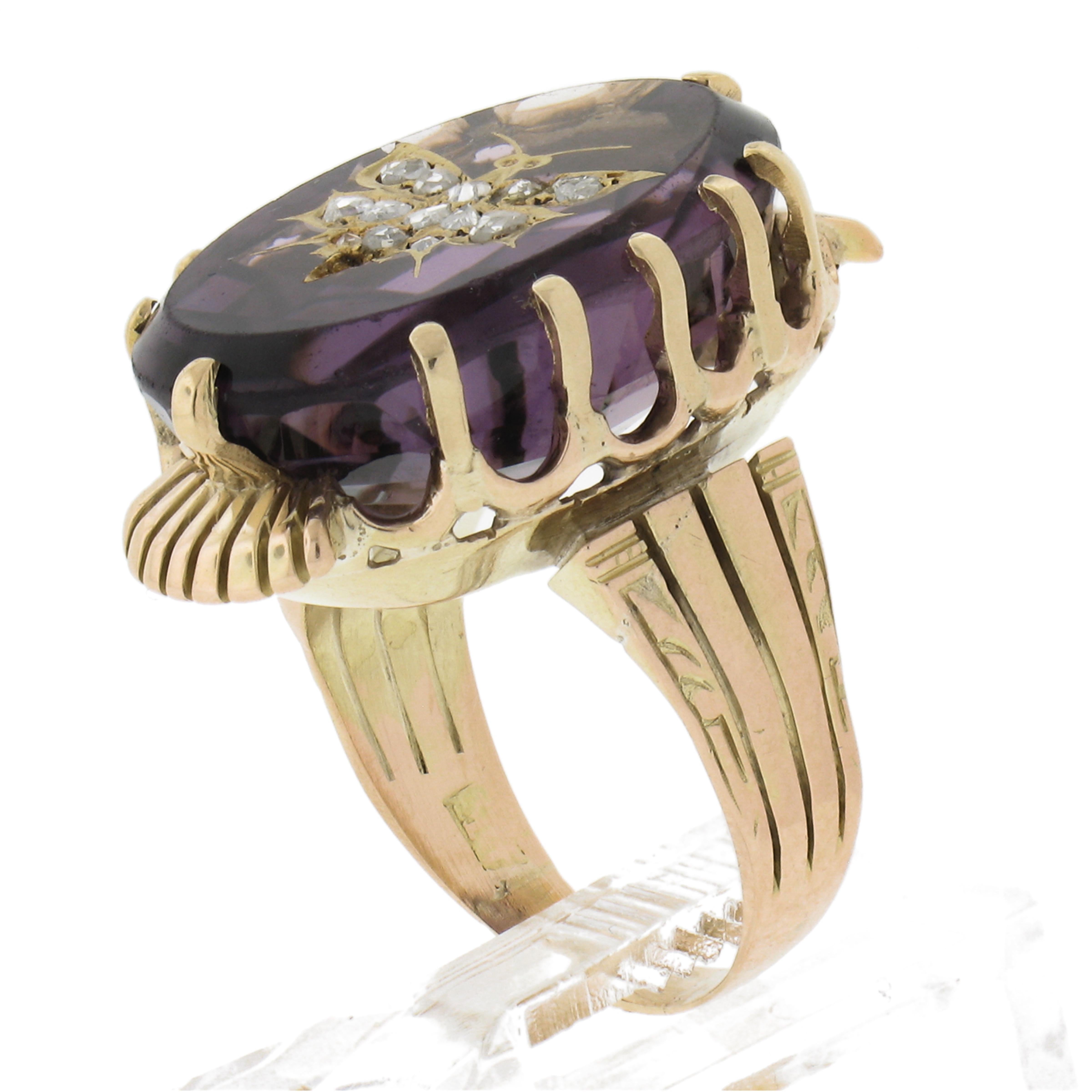 Antique 14k Gold Oval Amethyst & Rose Cut Diamond Butterfly Inlaid Cocktail Ring For Sale 4