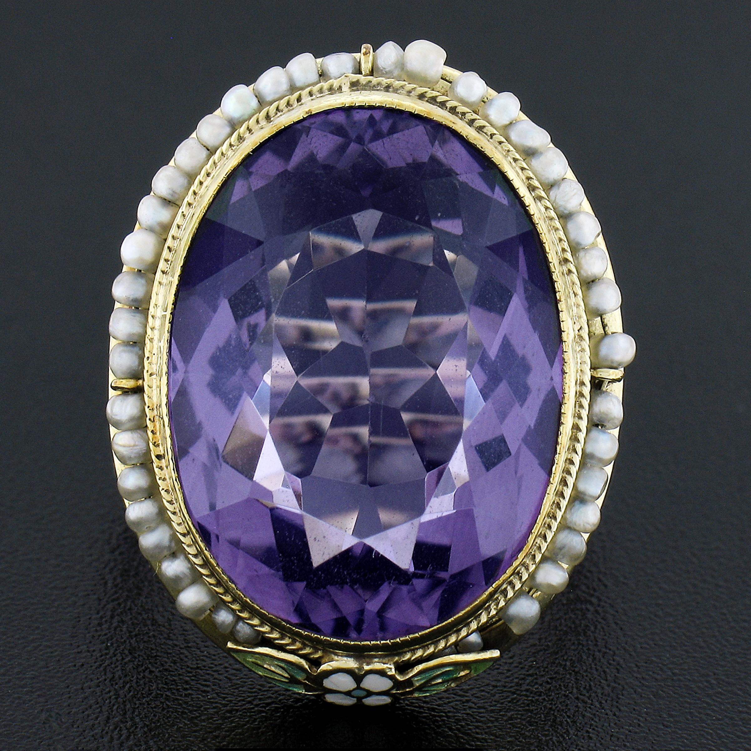 --Stone(s):--
(1) Natural Genuine Amethyst - Oval Brilliant Cut - Bezel Set - Transparent Medium Purple Color - 20x15mm 
Numerous  Genuine Cultured Seed Pearls - Round Shape - Wire Set - White Color 

Material: Solid 14k Yellow Gold
Weight: 9.97