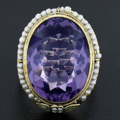 Antiker ovaler Amethyst Solitär Perle Halo Emaille Blumen-Statement-Ring, 14k Gold