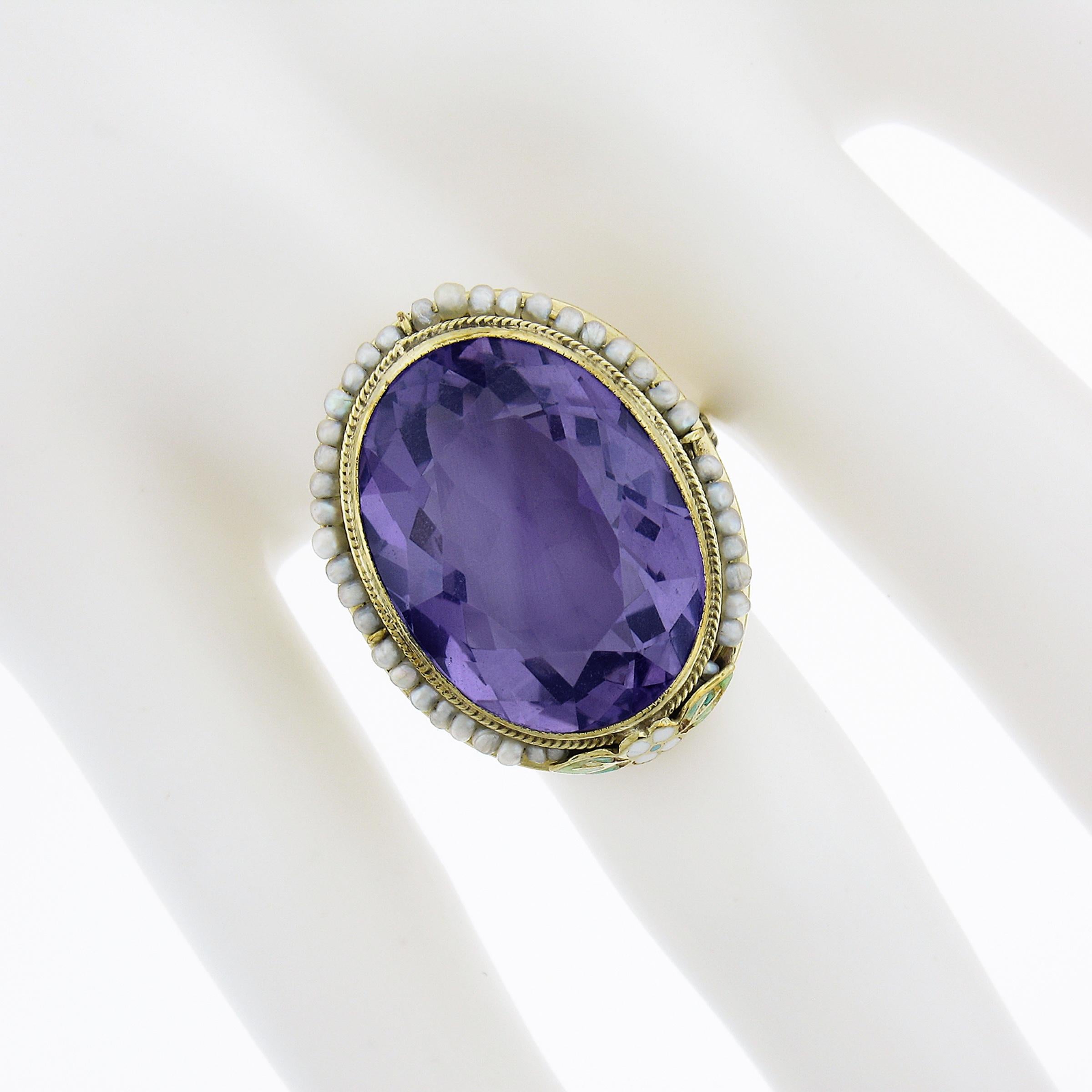 Art Nouveau Antique 14k Gold Oval Amethyst Solitaire Pearl Halo Enamel Floral Statement Ring For Sale