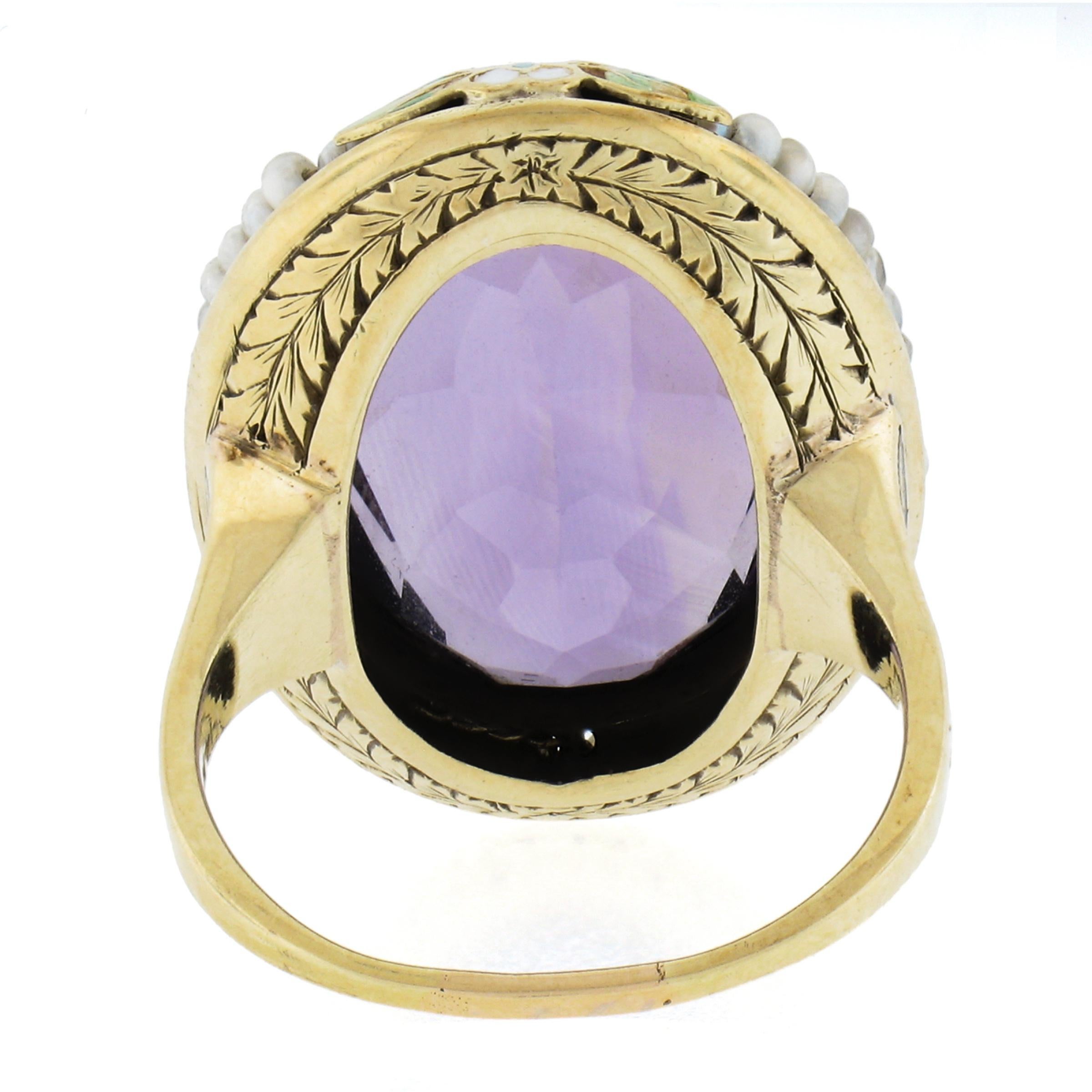 Antique 14k Gold Oval Amethyst Solitaire Pearl Halo Enamel Floral Statement Ring For Sale 1
