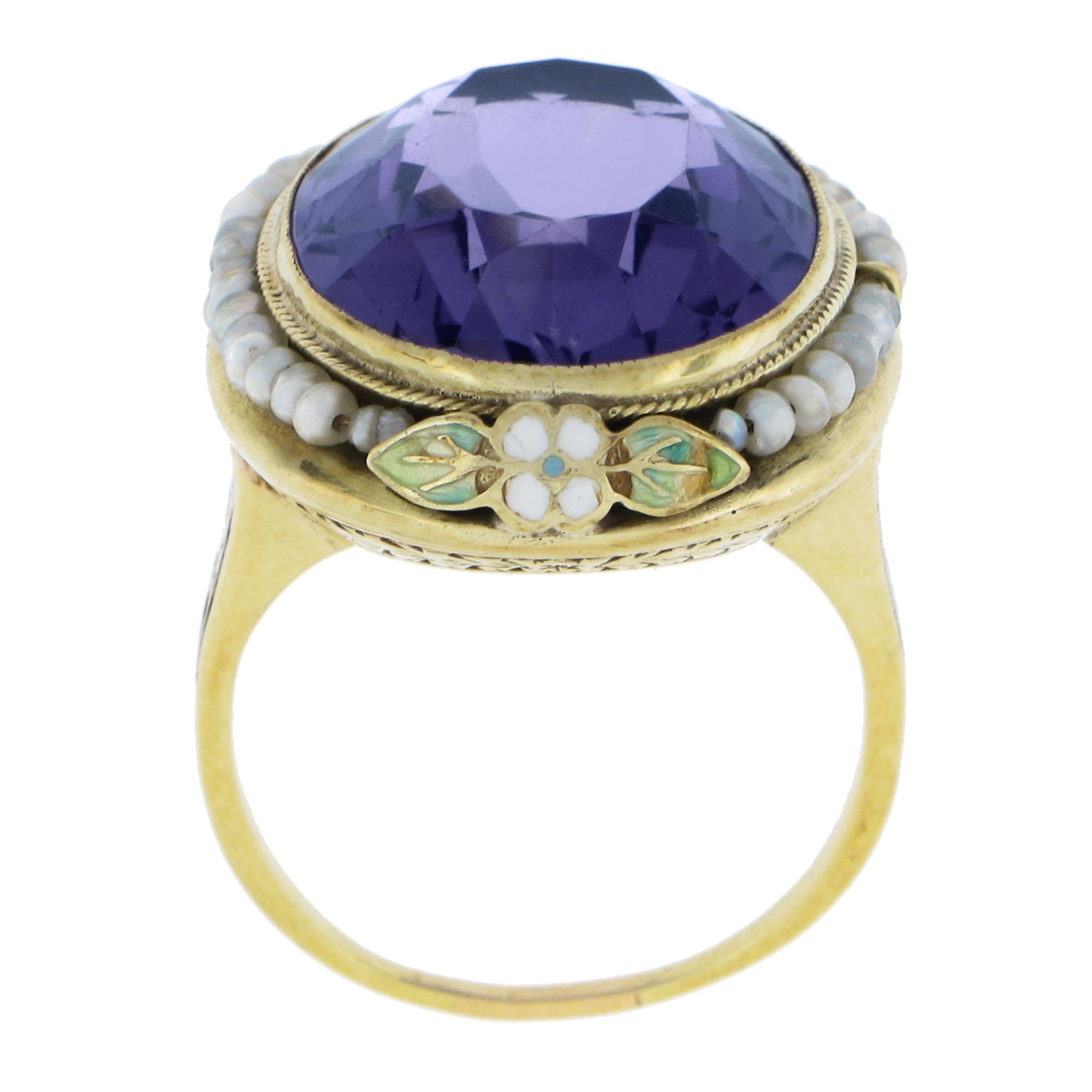 Antique 14k Gold Oval Amethyst Solitaire Pearl Halo Enamel Floral Statement Ring For Sale 2