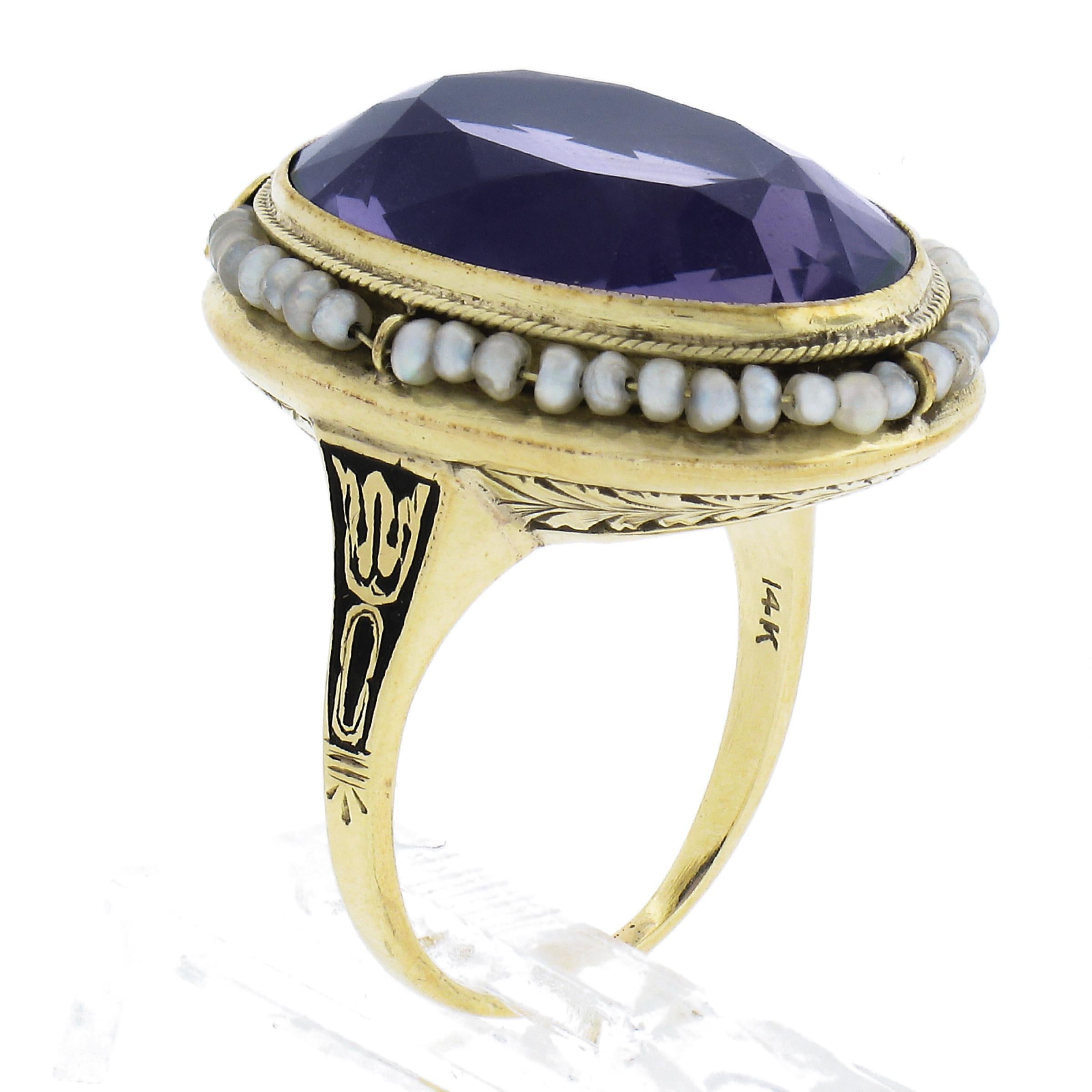 Antique 14k Gold Oval Amethyst Solitaire Pearl Halo Enamel Floral Statement Ring For Sale 3