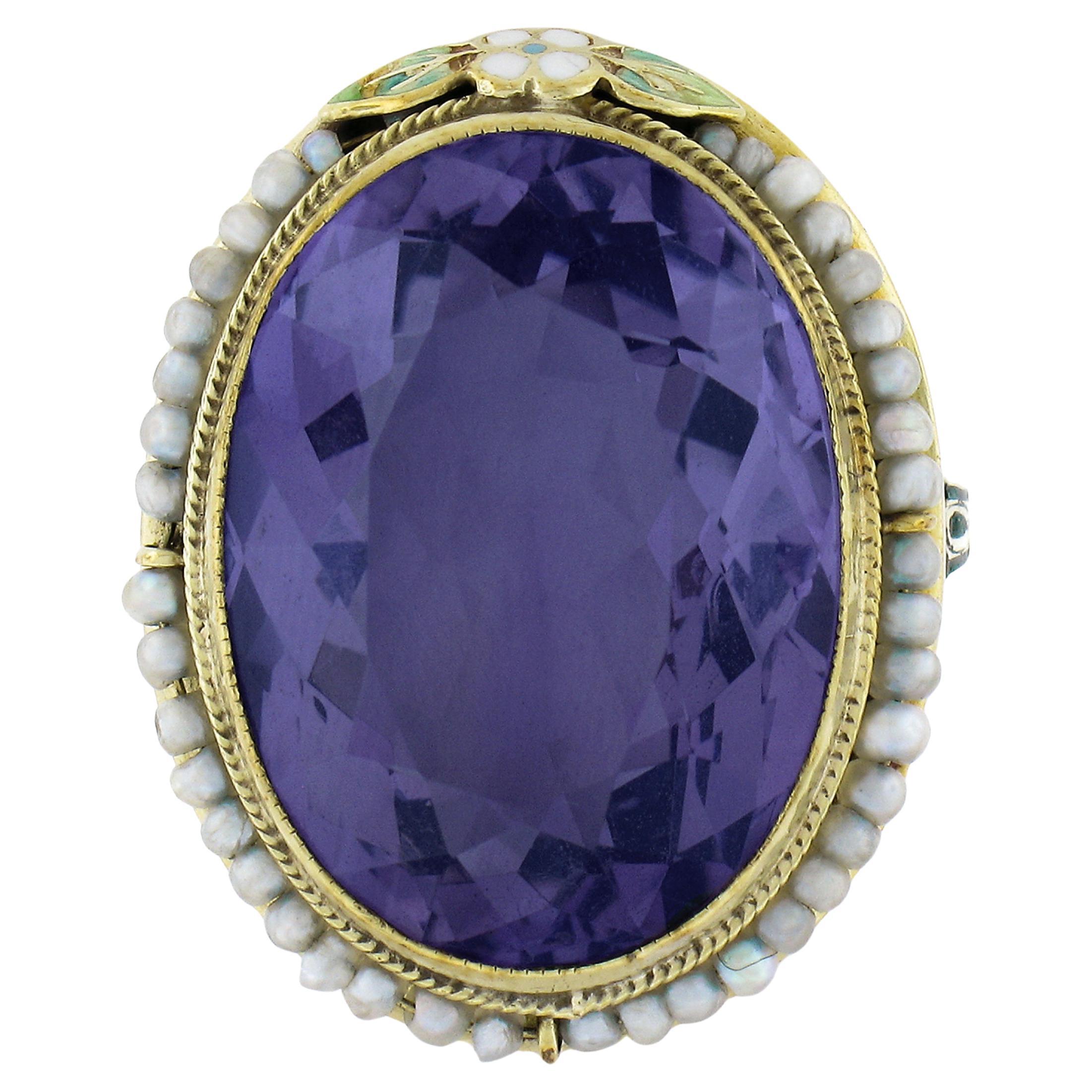Anillo de oro antiguo de 14 quilates con amatista ovalada, solitario, perla, halo y esmalte floral