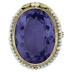 Retro 14k Gold Oval Amethyst Solitaire Pearl Halo Enamel Floral Statement Ring
