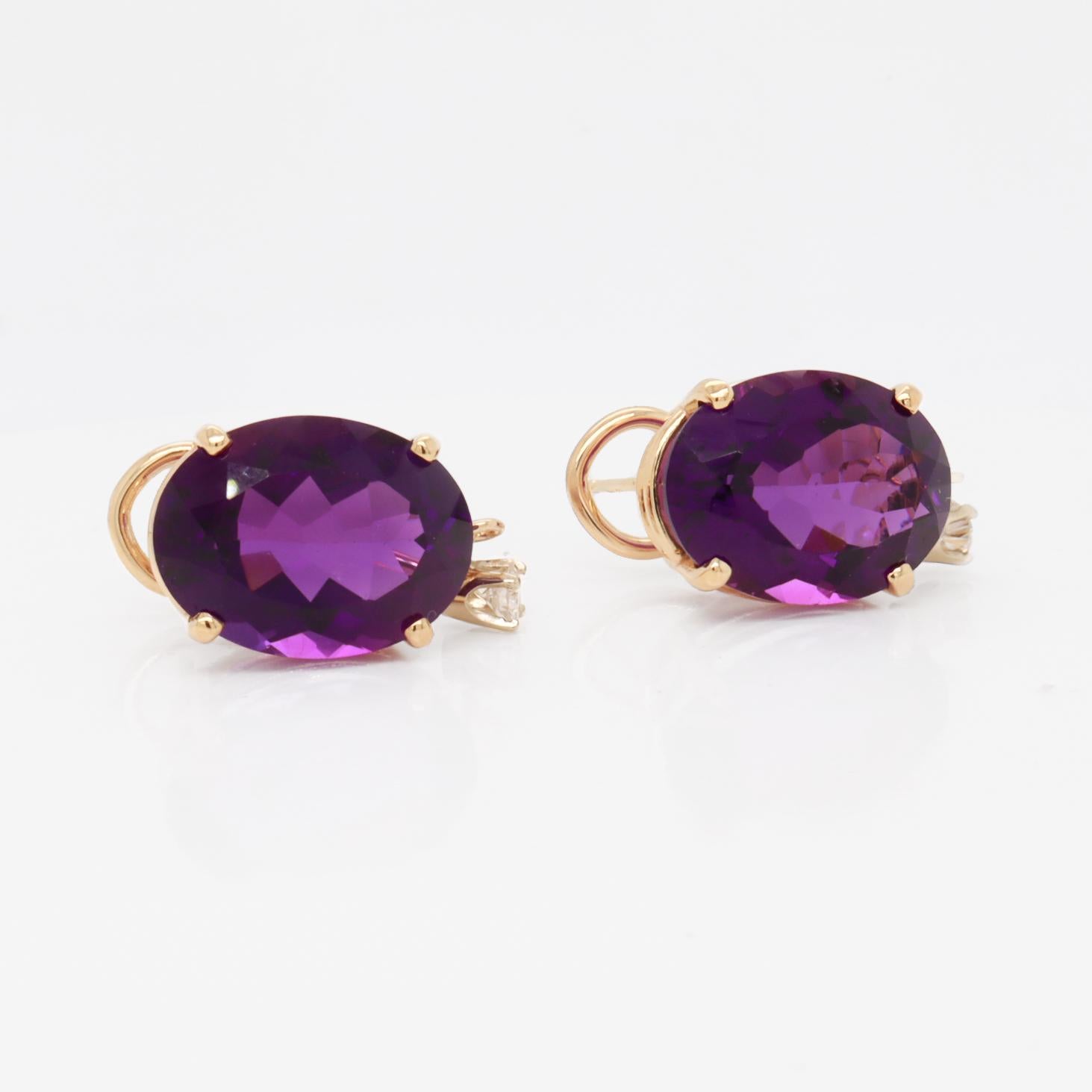 Antique 14K Gold, Oval Cut Amethyst, & Diamond Earrings For Sale 7