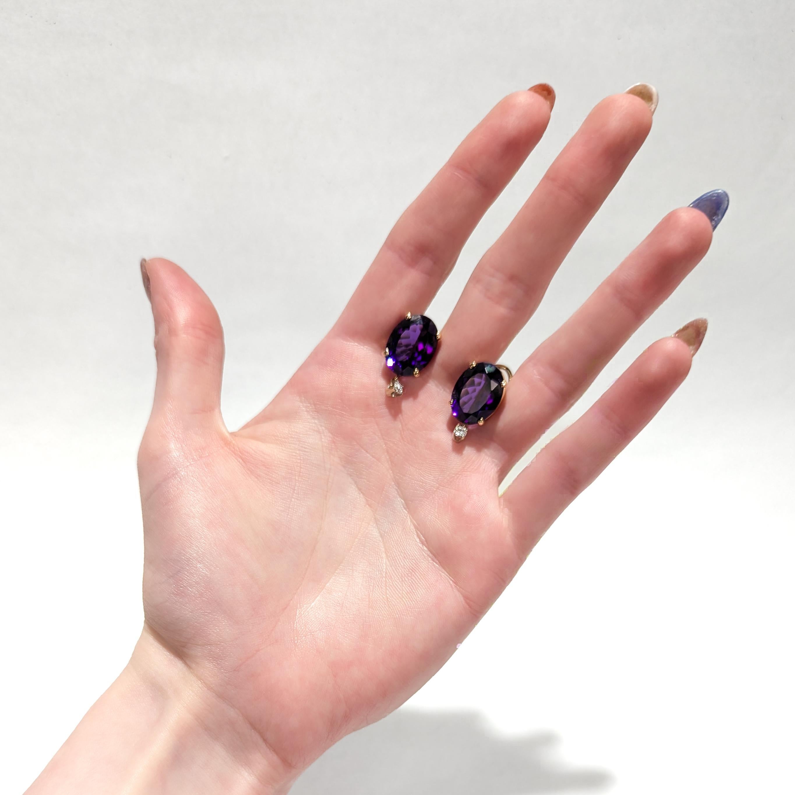 Antique 14K Gold, Oval Cut Amethyst, & Diamond Earrings For Sale 9