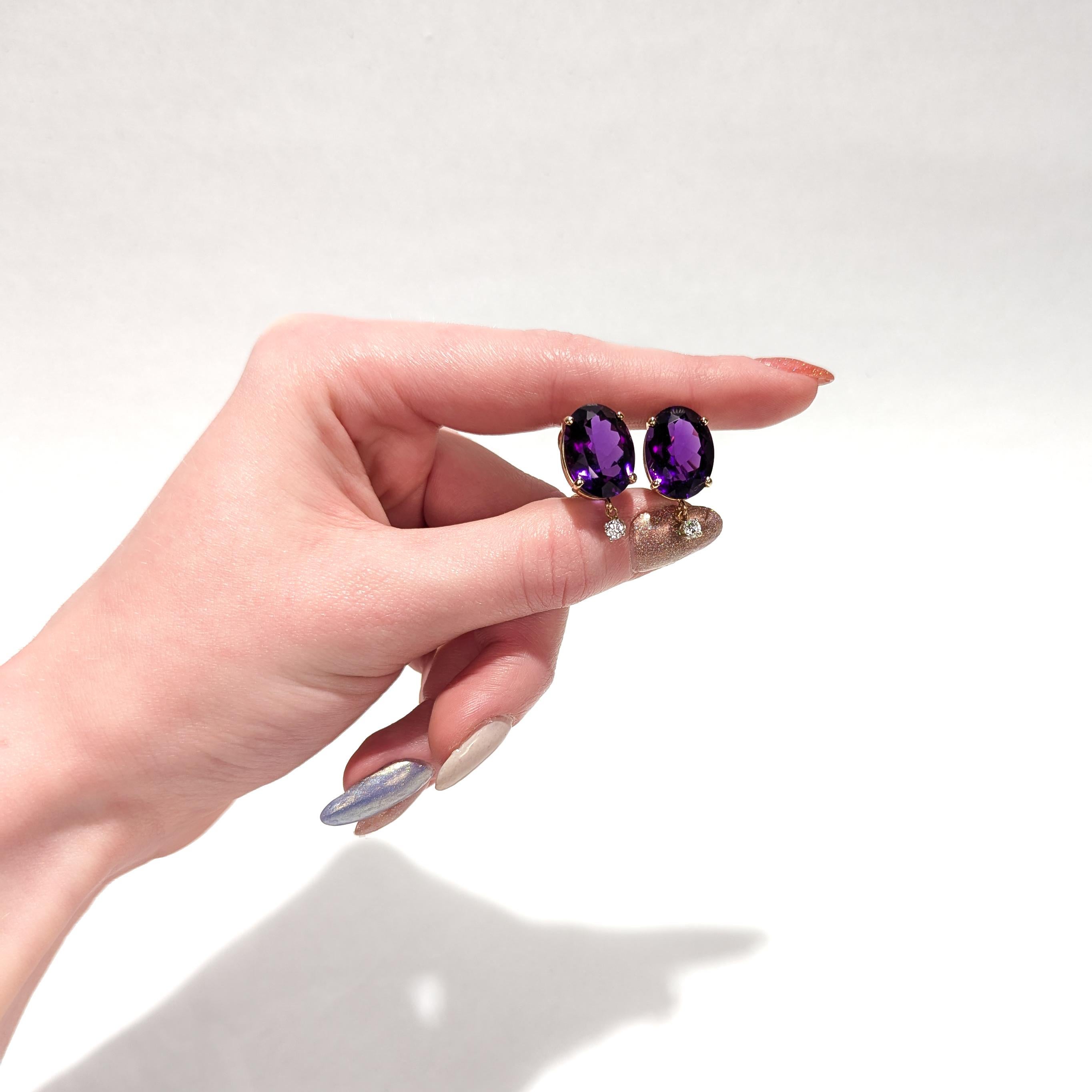 Antique 14K Gold, Oval Cut Amethyst, & Diamond Earrings In Good Condition For Sale In Philadelphia, PA