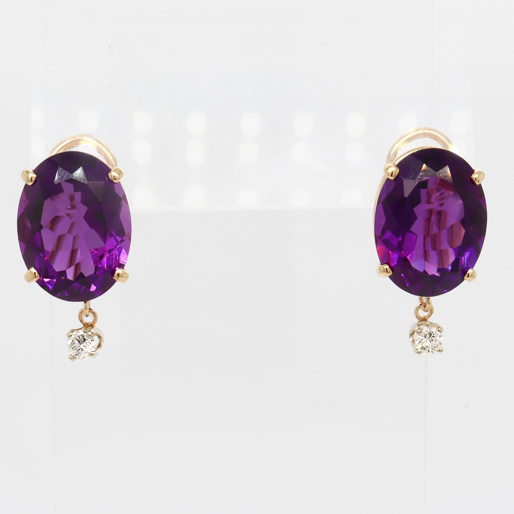 Women's Antique 14K Gold, Oval Cut Amethyst, & Diamond Earrings For Sale