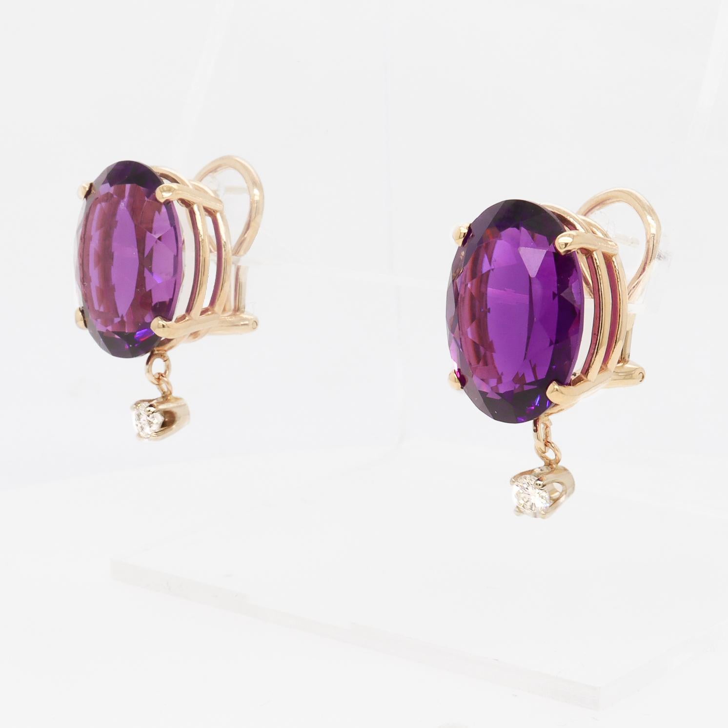 Antique 14K Gold, Oval Cut Amethyst, & Diamond Earrings For Sale 1