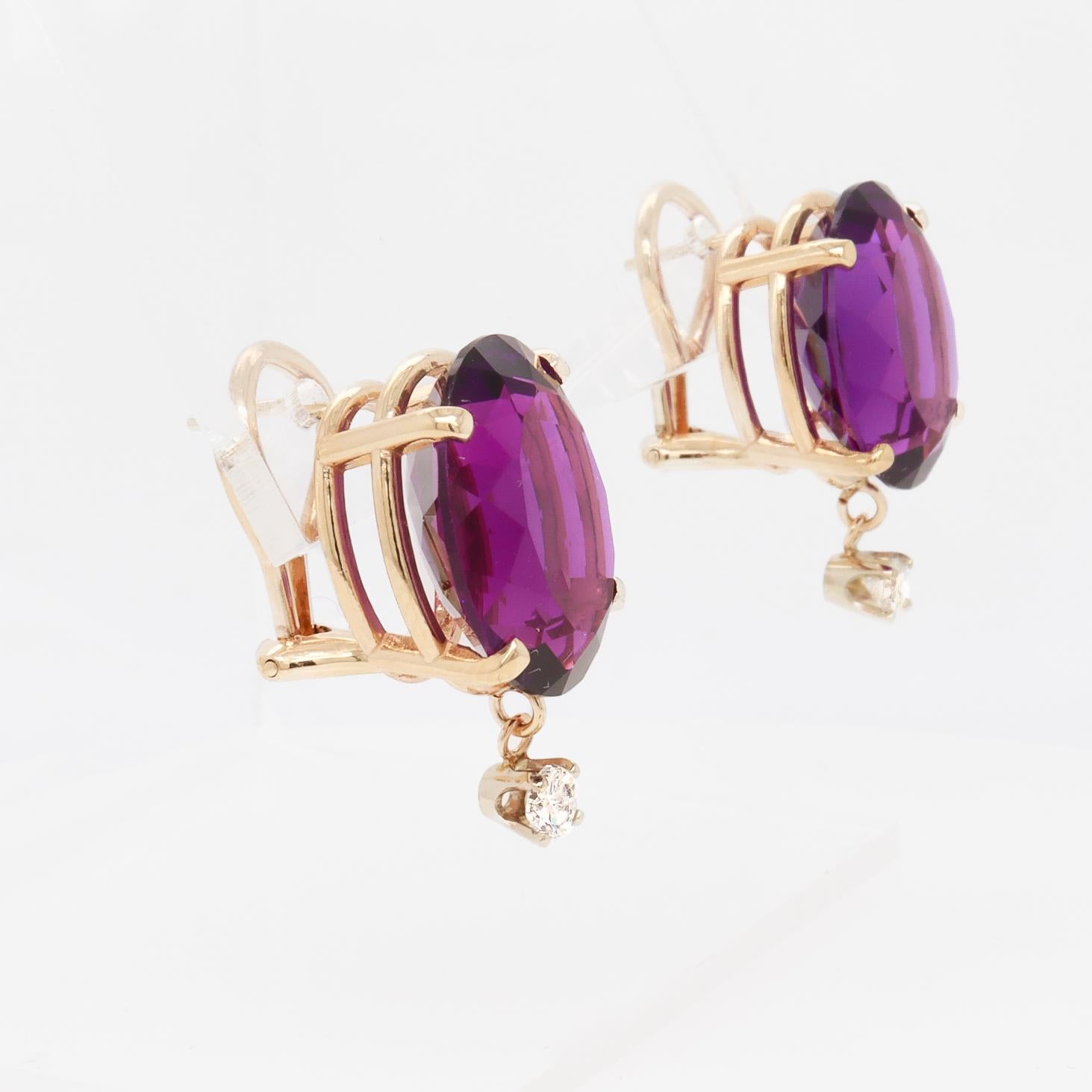Antique 14K Gold, Oval Cut Amethyst, & Diamond Earrings For Sale 2