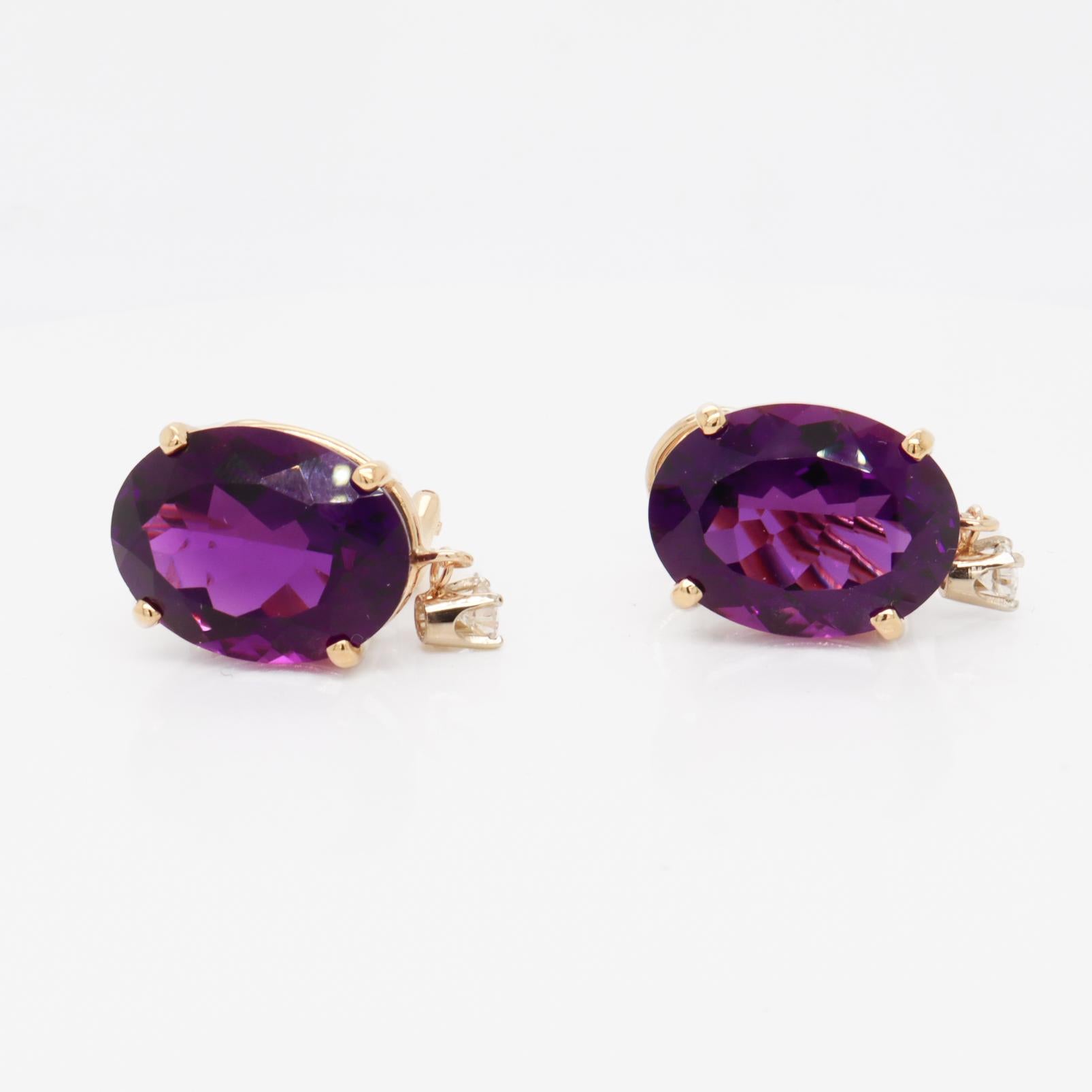 Antique 14K Gold, Oval Cut Amethyst, & Diamond Earrings For Sale 3