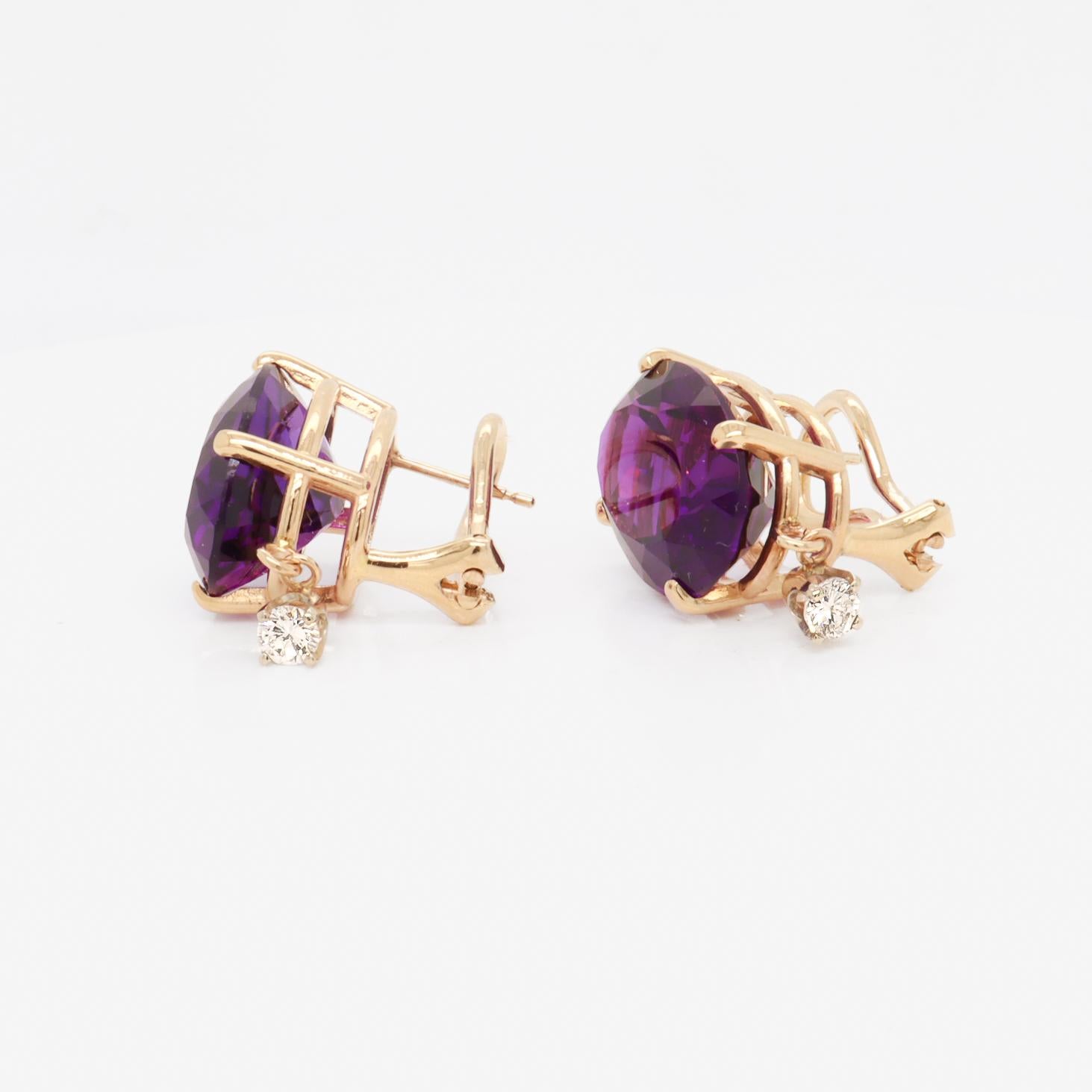 Antique 14K Gold, Oval Cut Amethyst, & Diamond Earrings For Sale 4