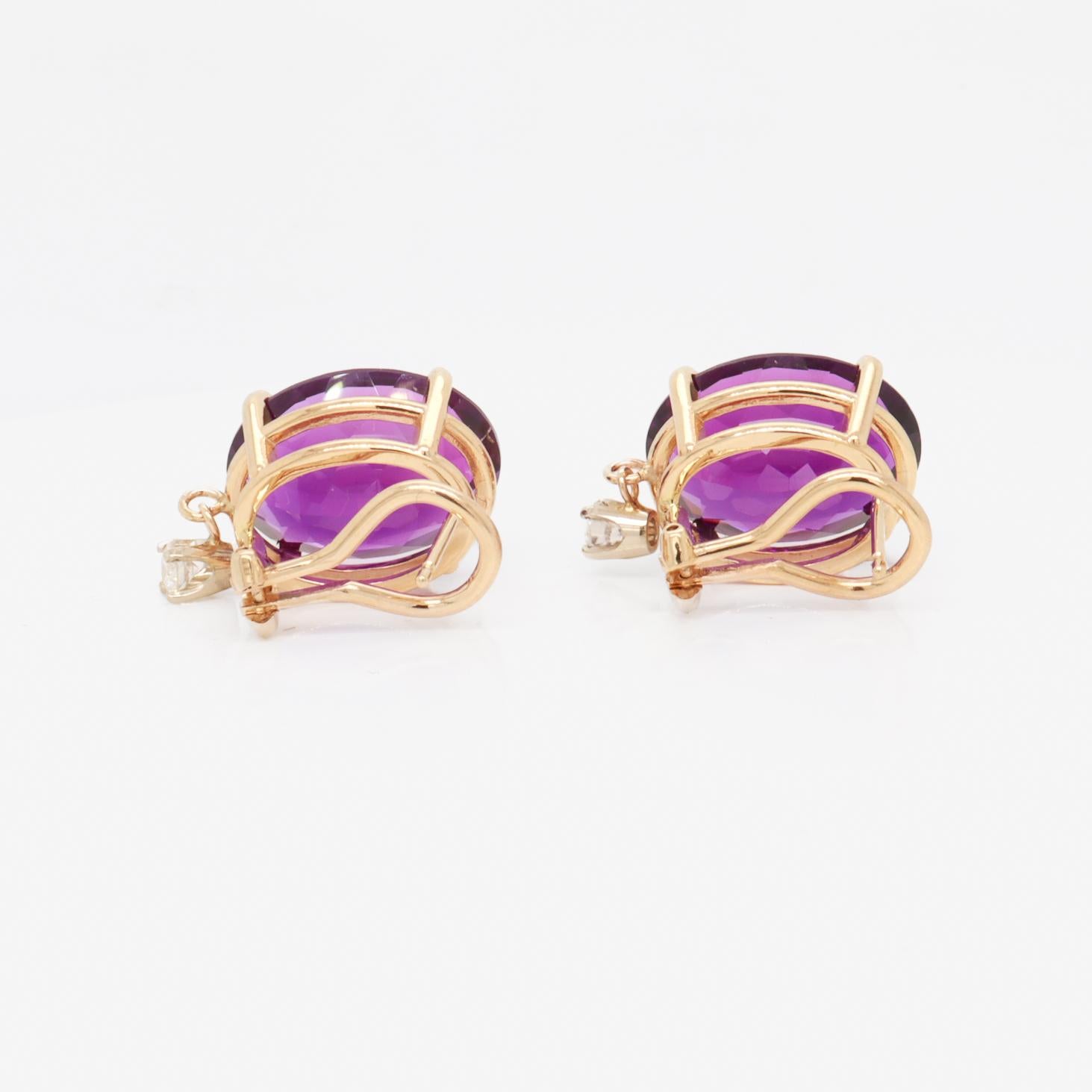 Antique 14K Gold, Oval Cut Amethyst, & Diamond Earrings For Sale 5