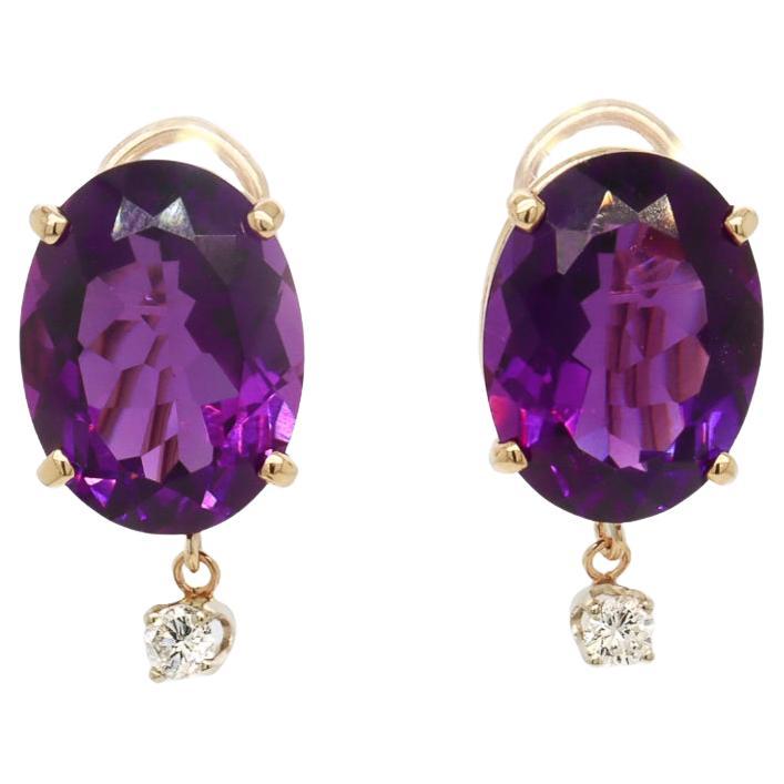 Antique 14K Gold, Oval Cut Amethyst, & Diamond Earrings For Sale