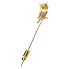 Antique 14k Gold Owl Stickpin with Green Gemstone Eyes