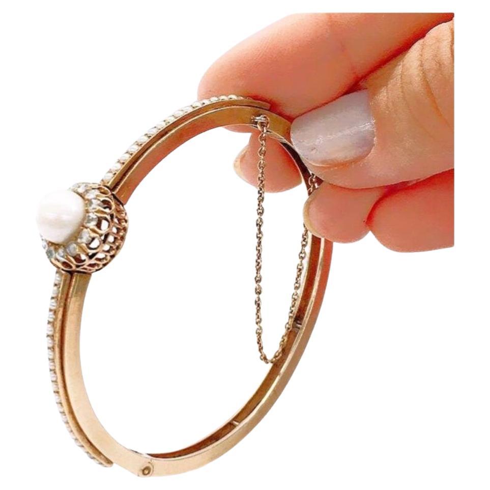 Women's Antique Pearl And Rose Cut Diamond Russian Gold Bangle Bracelet For Sale