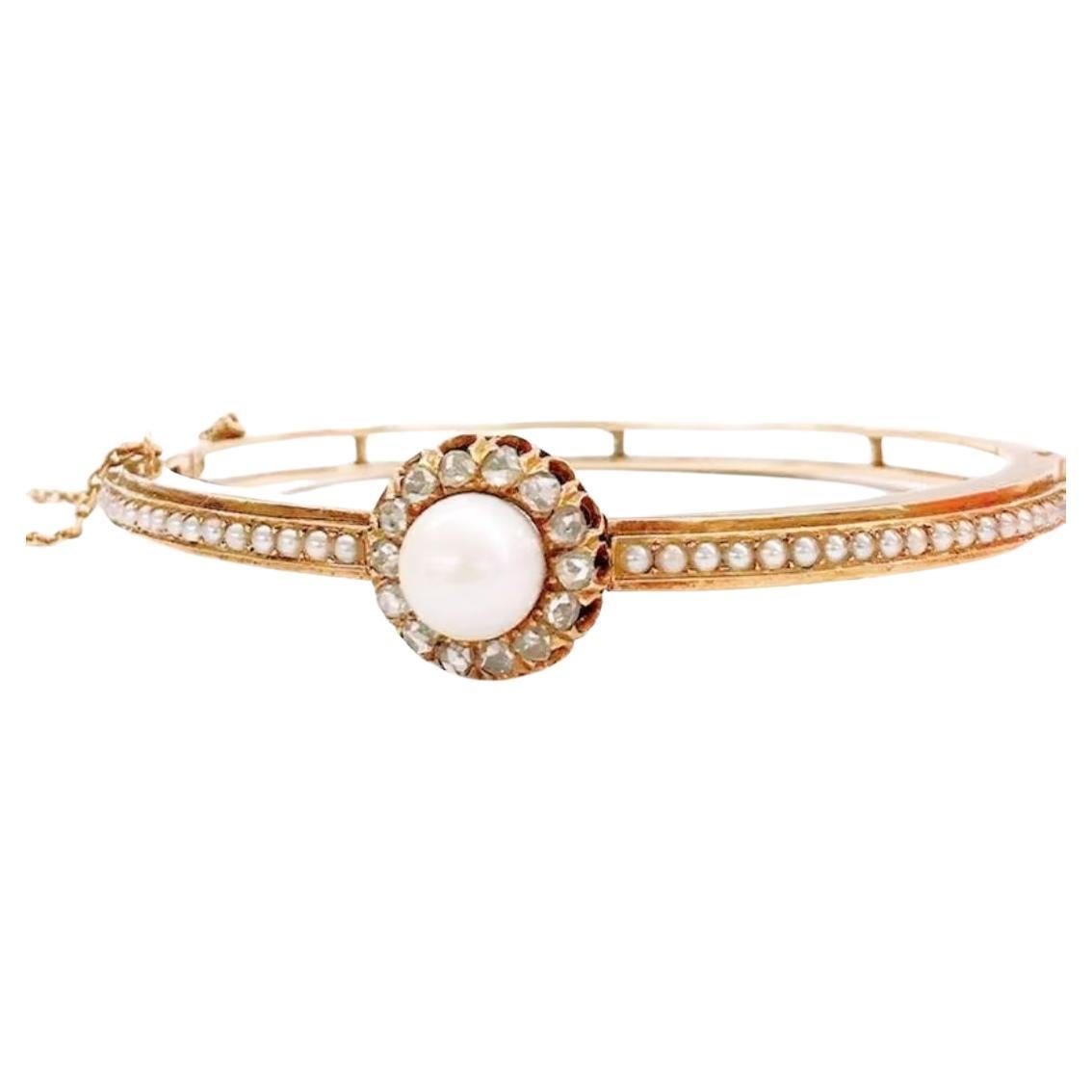 Antique Pearl And Rose Cut Diamond Russian Gold Bangle Bracelet For Sale