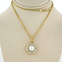 Antique 14k Gold Pendant Necklace with Pearl & Diamonds, Circa 1880