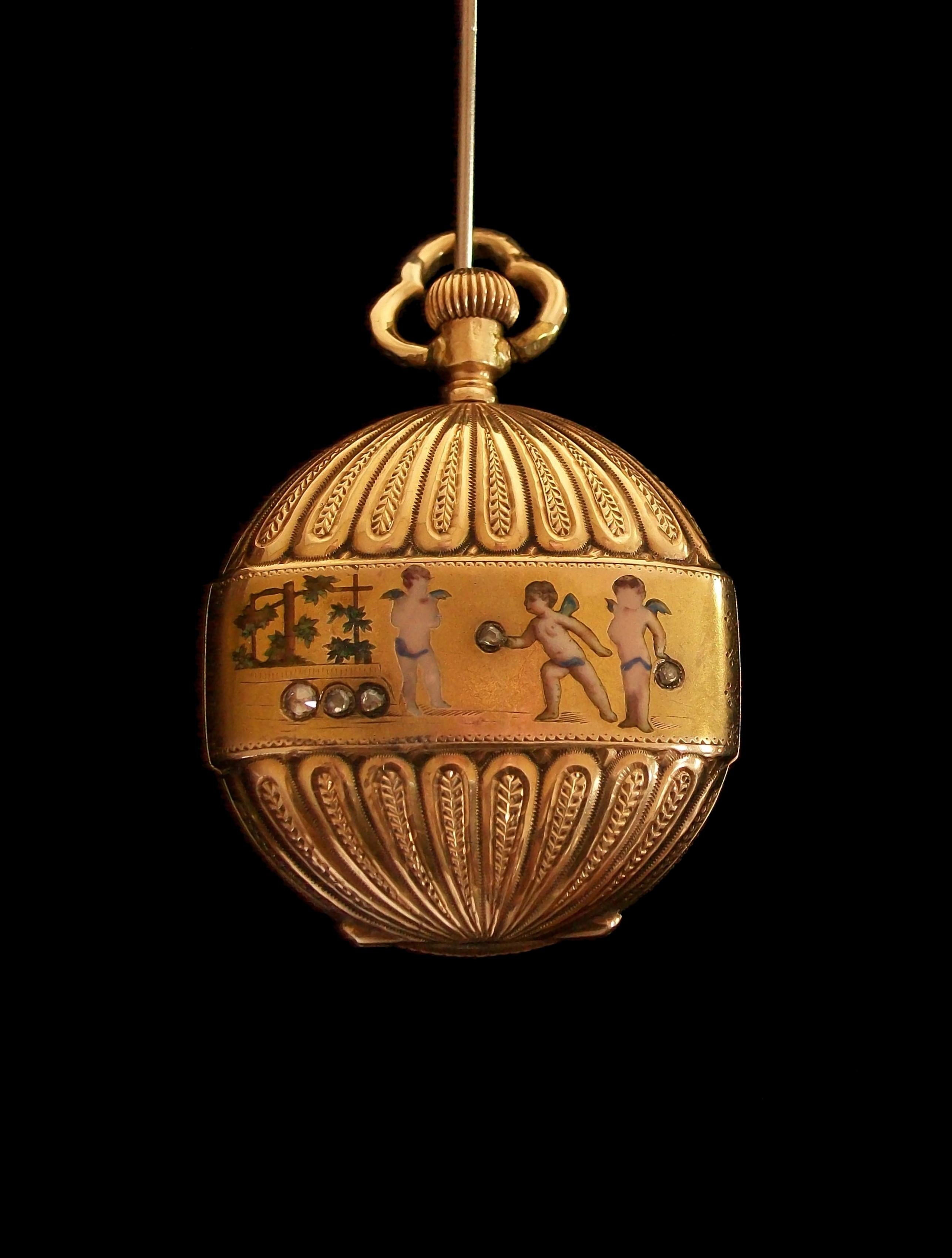 Antike 14-Karat-Gold-Uhr mit Anhänger, Emaille-Puppen und Diamanten, Schweiz, um 1870 im Zustand „Gut“ im Angebot in Chatham, CA