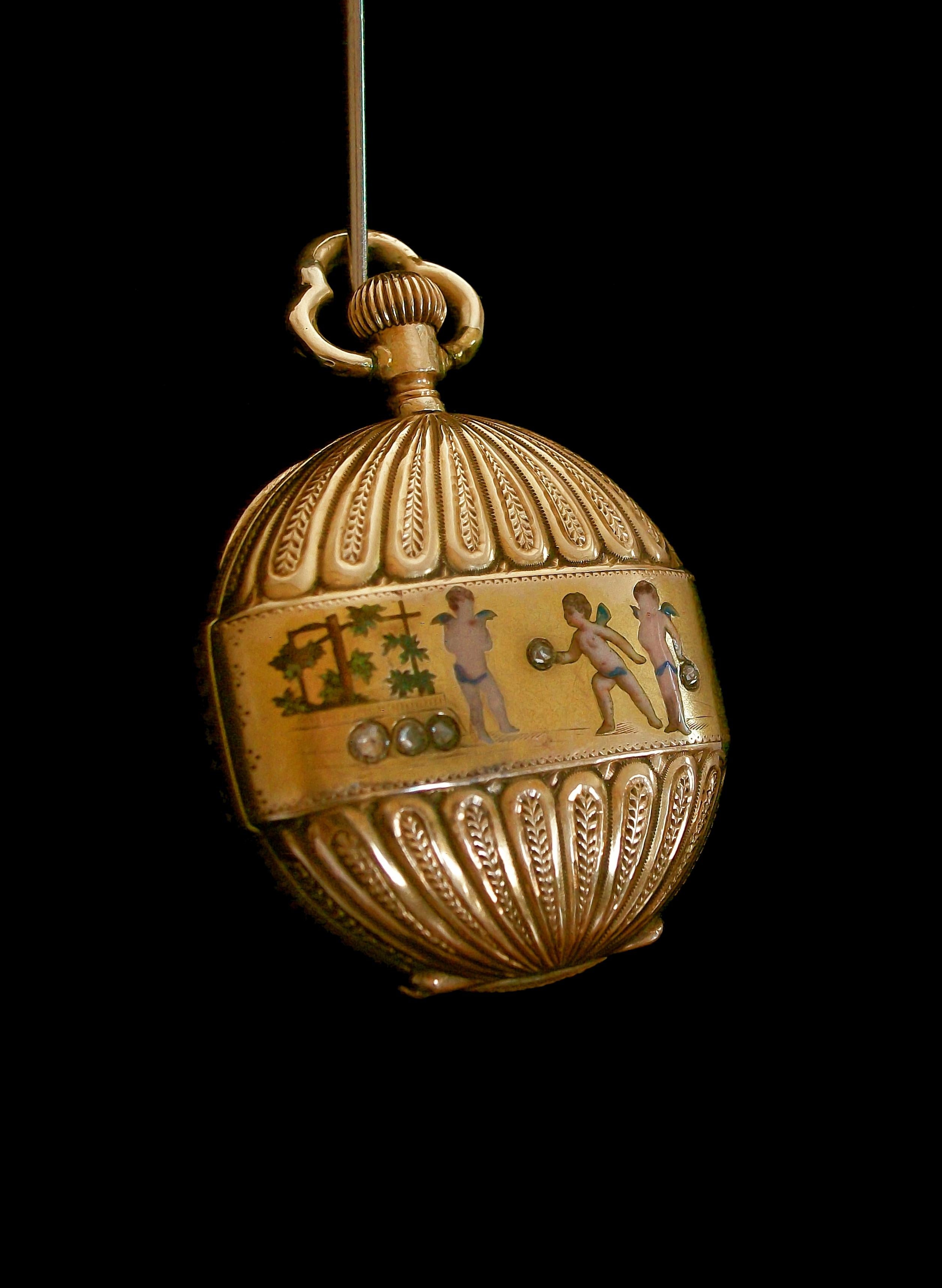 Round Cut Antique 14k Gold Pendant Watch, Enamel Putti & Diamonds, Switzerland, C. 1870 For Sale