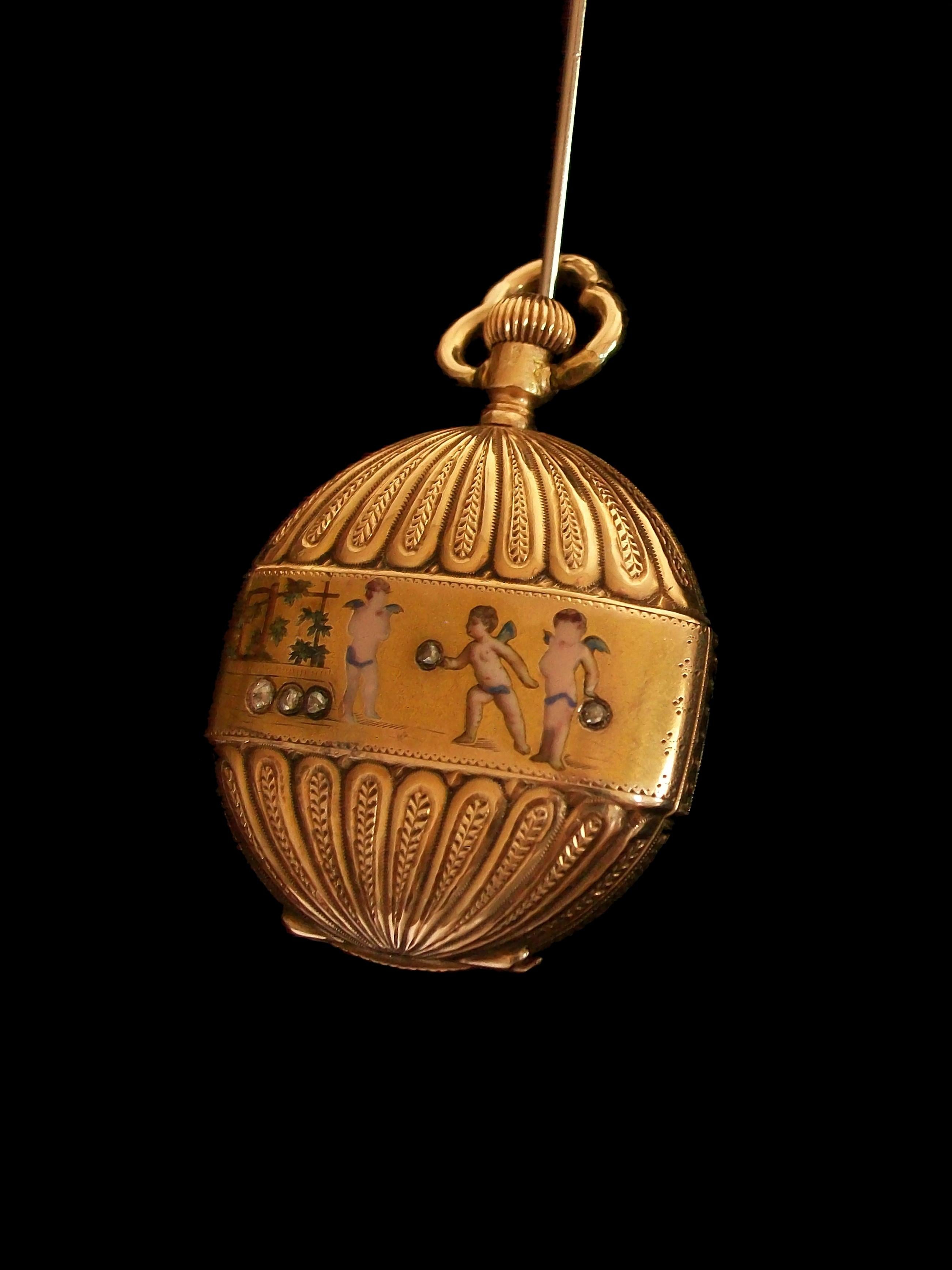 Antique 14k Gold Pendant Watch, Enamel Putti & Diamonds, Switzerland, C. 1870 In Good Condition For Sale In Chatham, CA