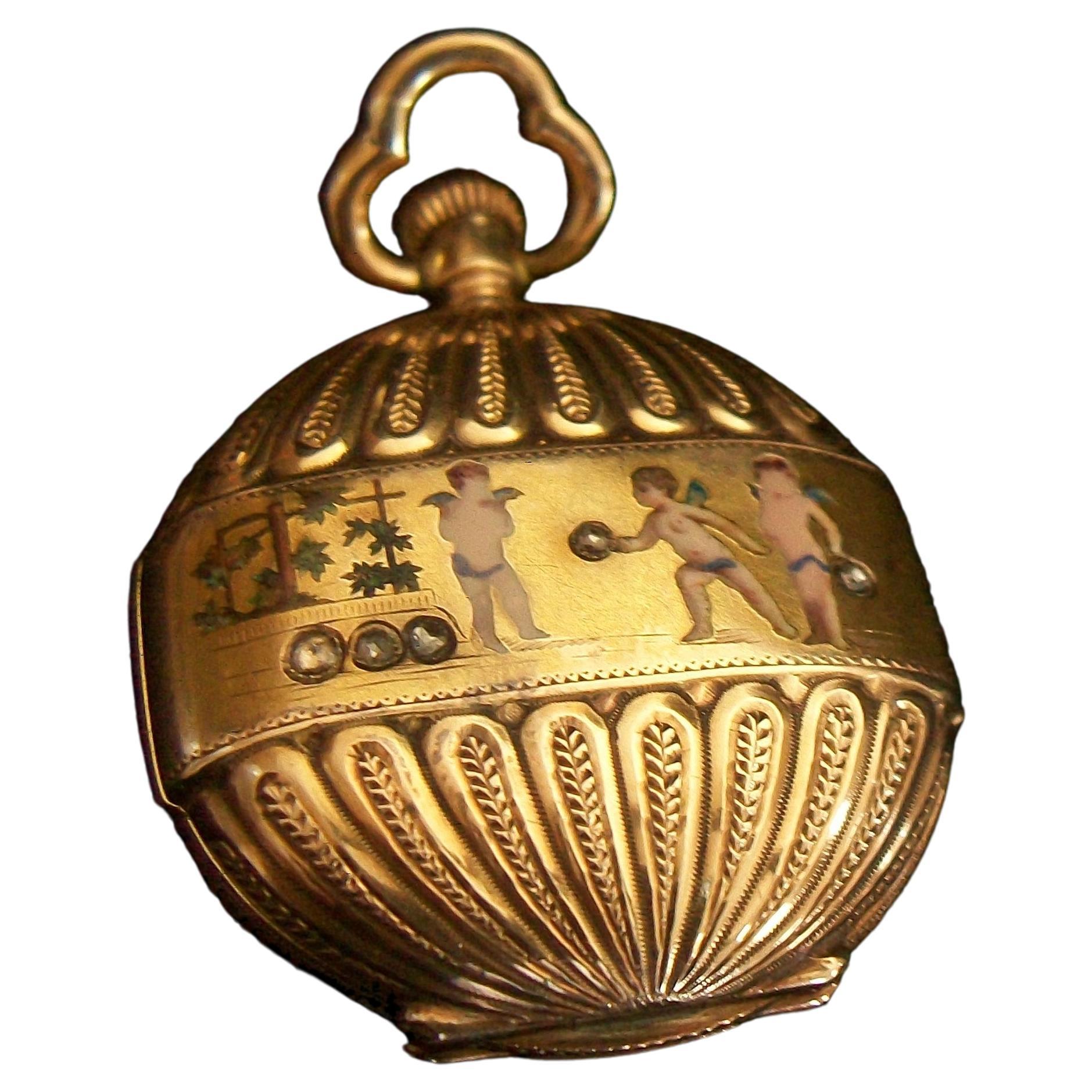 Reloj antiguo con colgante de oro de 14 quilates, putti esmaltado y diamantes, Suiza, c. 1870