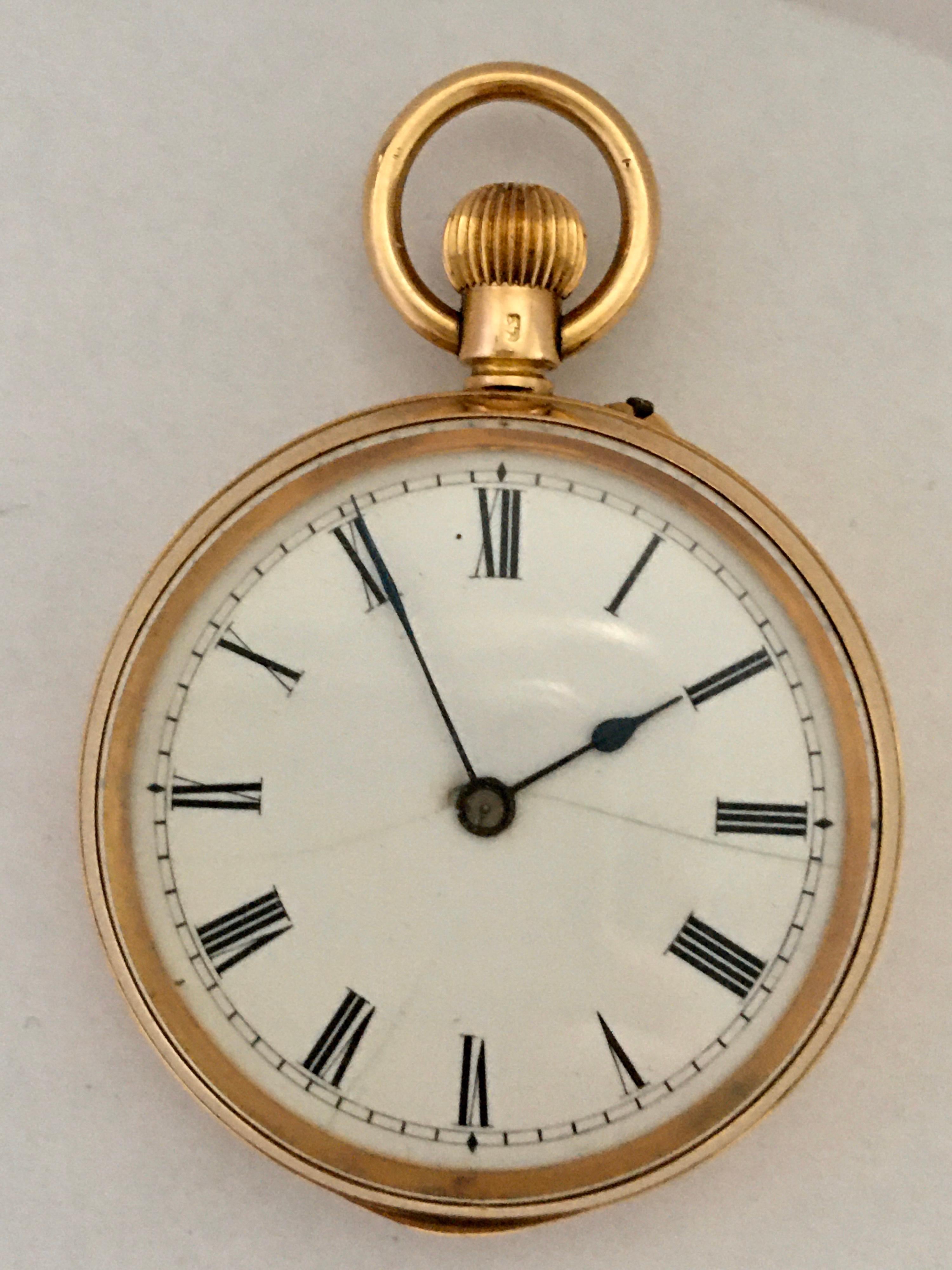 This beautiful 35mm diameter antique hand-winding gold pocket watch is in good working condition and it is ticking well. Visible signs ageing and wear with some hairline cracks on the dial as shown. This watch weigh 38.6 grams 

Please study the