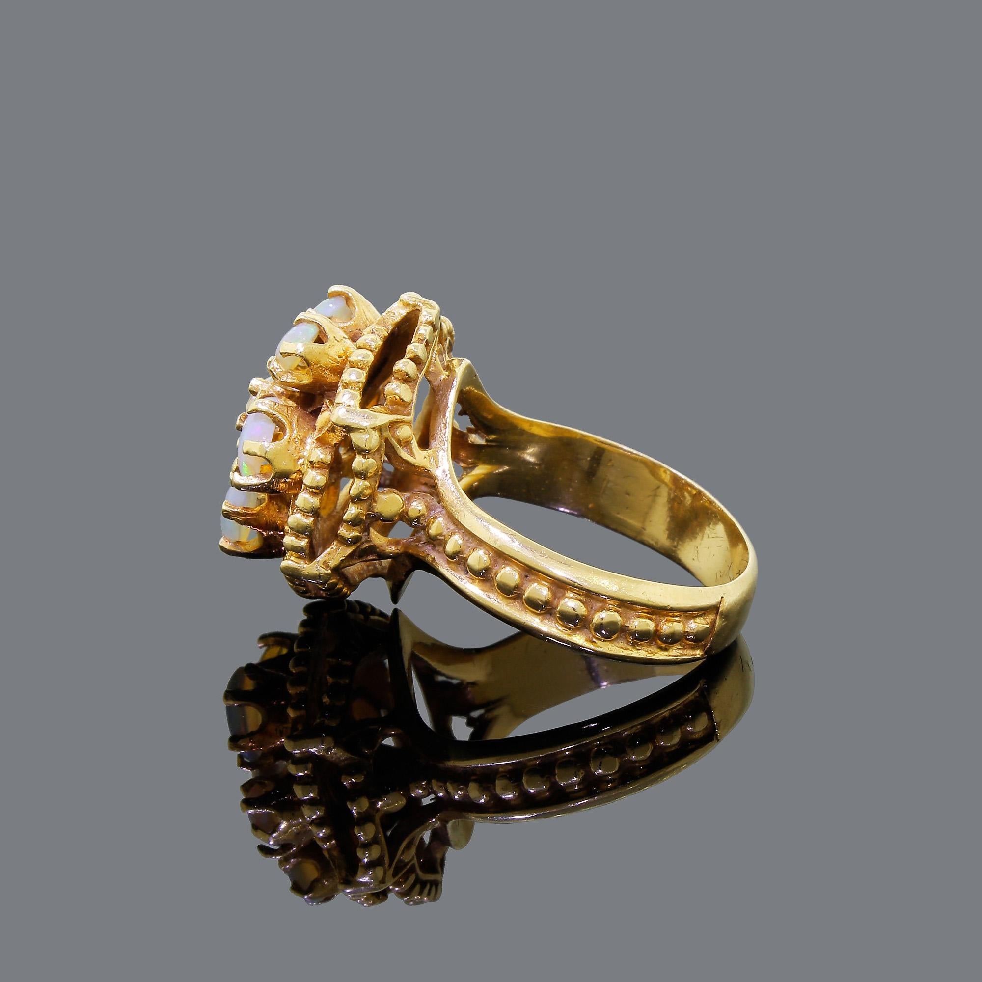 Victorian Antique 14 Karat Gold Pinwheel Ring Diamond and Australian Opal Blue Green Fire