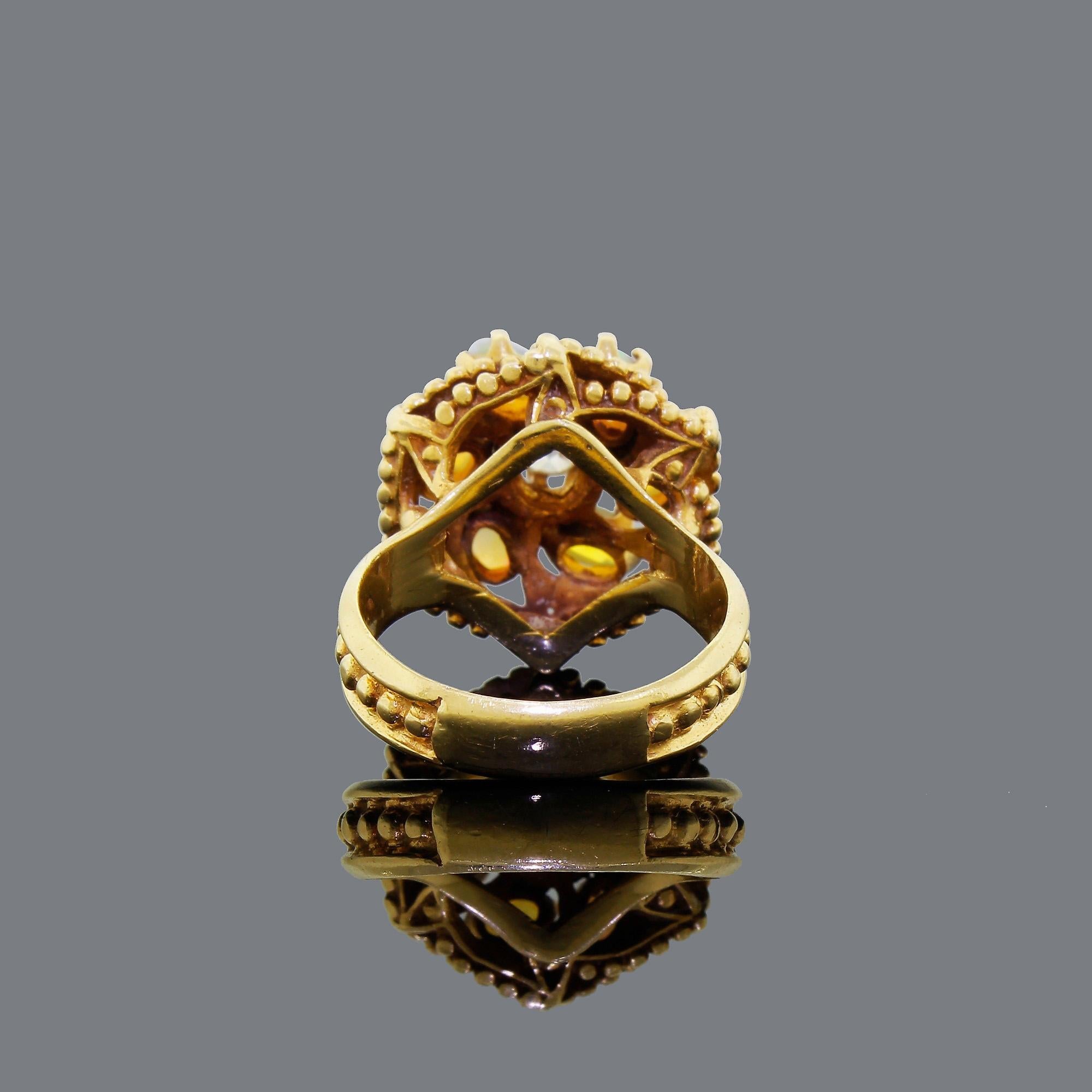 Round Cut Antique 14 Karat Gold Pinwheel Ring Diamond and Australian Opal Blue Green Fire