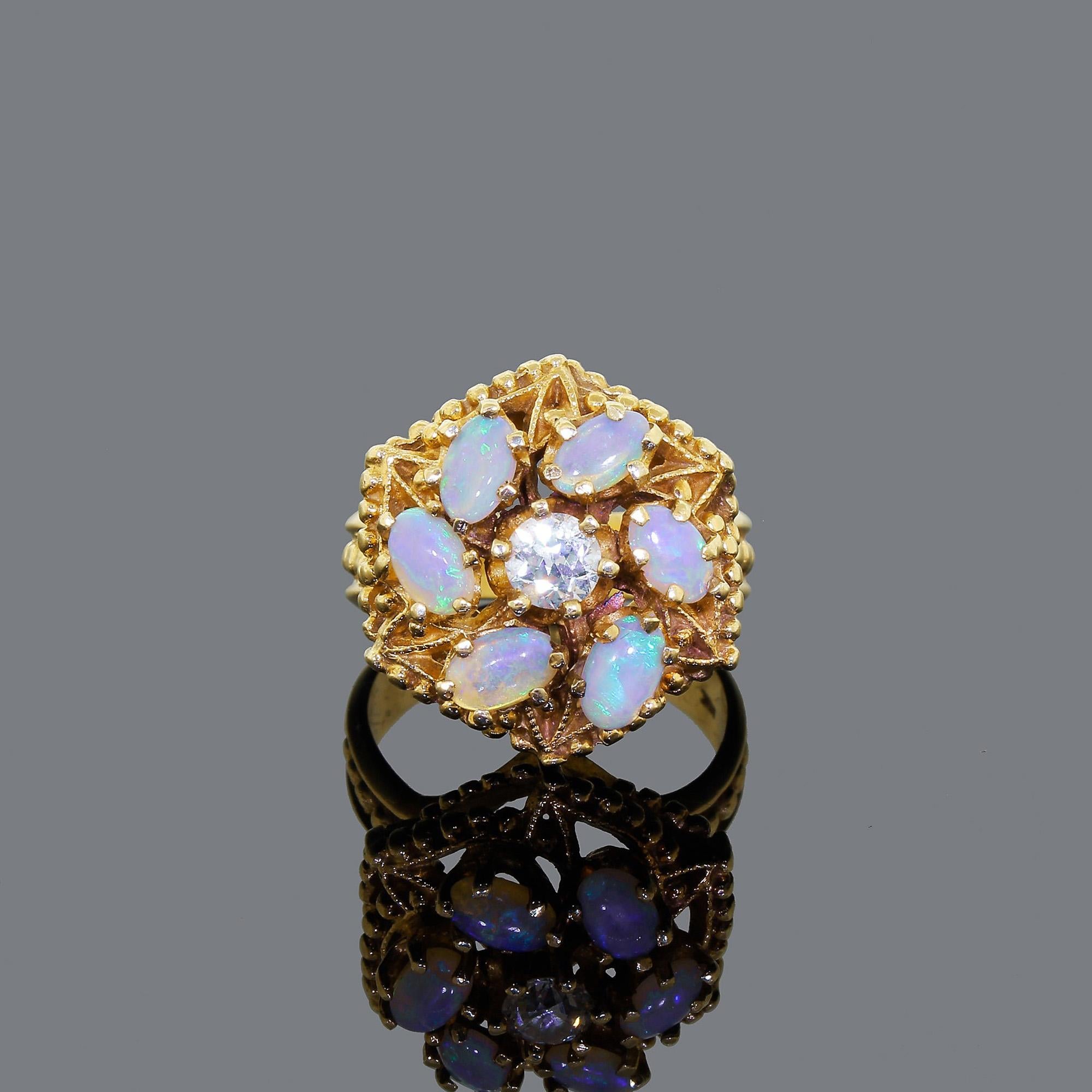 Antique 14 Karat Gold Pinwheel Ring Diamond and Australian Opal Blue Green Fire 1