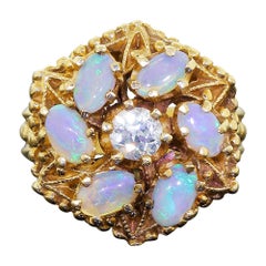 Antique 14 Karat Gold Pinwheel Ring Diamond and Australian Opal Blue Green Fire