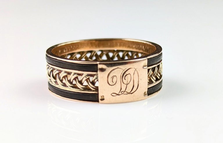 Antique 14k Gold Plaited Band Ring, Elephant Hair, Monogrammed at