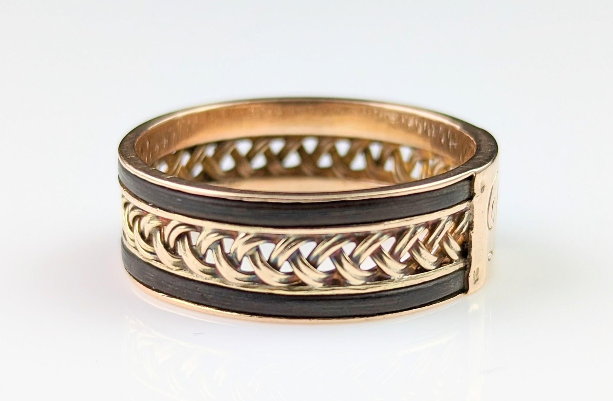 Antique 14k Gold Plaited Band Ring, Elephant Hair, Monogrammed 10