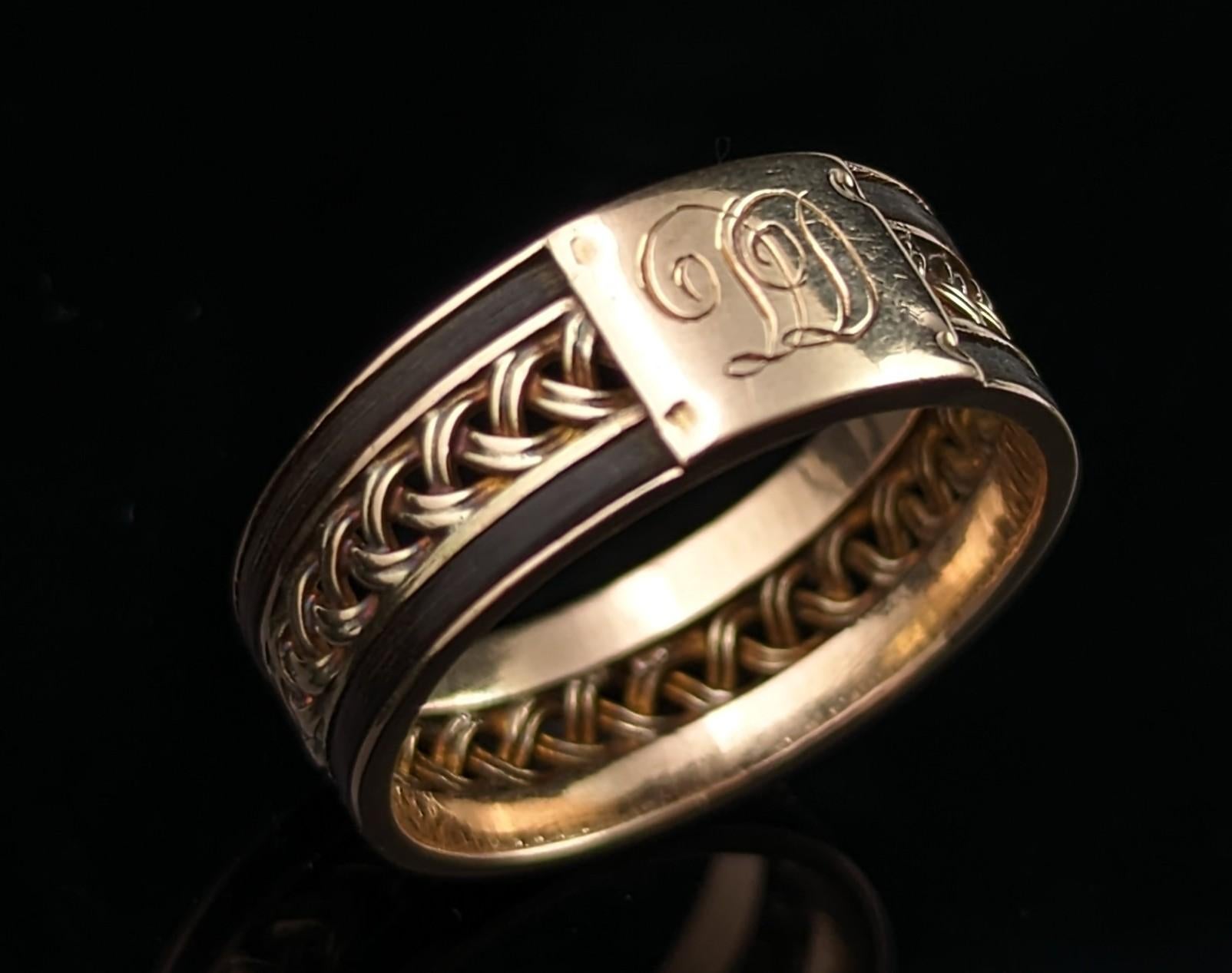 Victorian Antique 14k Gold Plaited Band Ring, Elephant Hair, Monogrammed For Sale