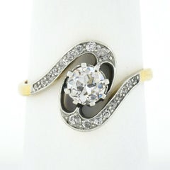 Antique 14k Gold & Platinum 0.80ctw European Diamond Solitaire Swirl Bypass Ring