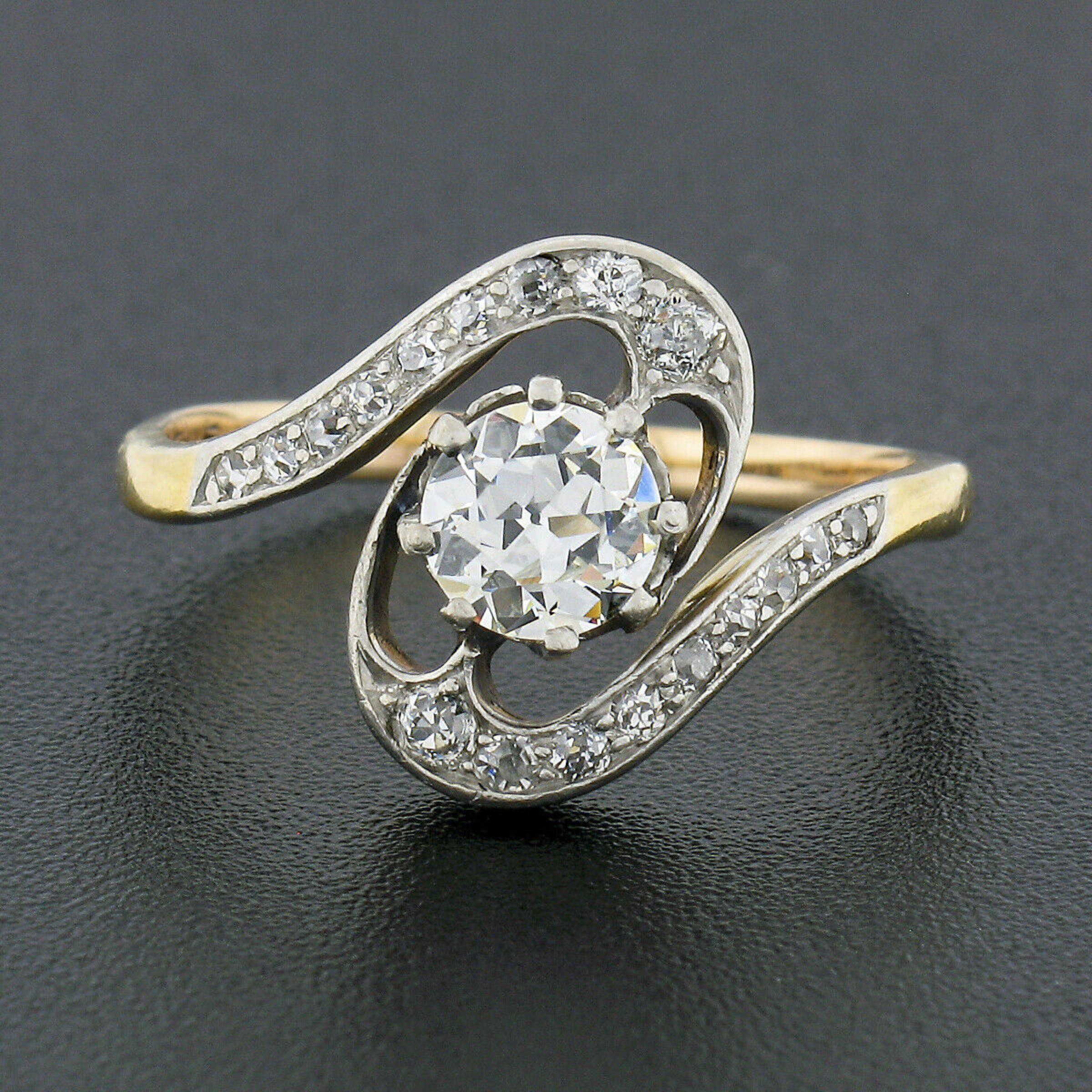Edwardian Antique 14k Gold & Platinum 0.80ctw European Diamond Solitaire Swirl Bypass Ring