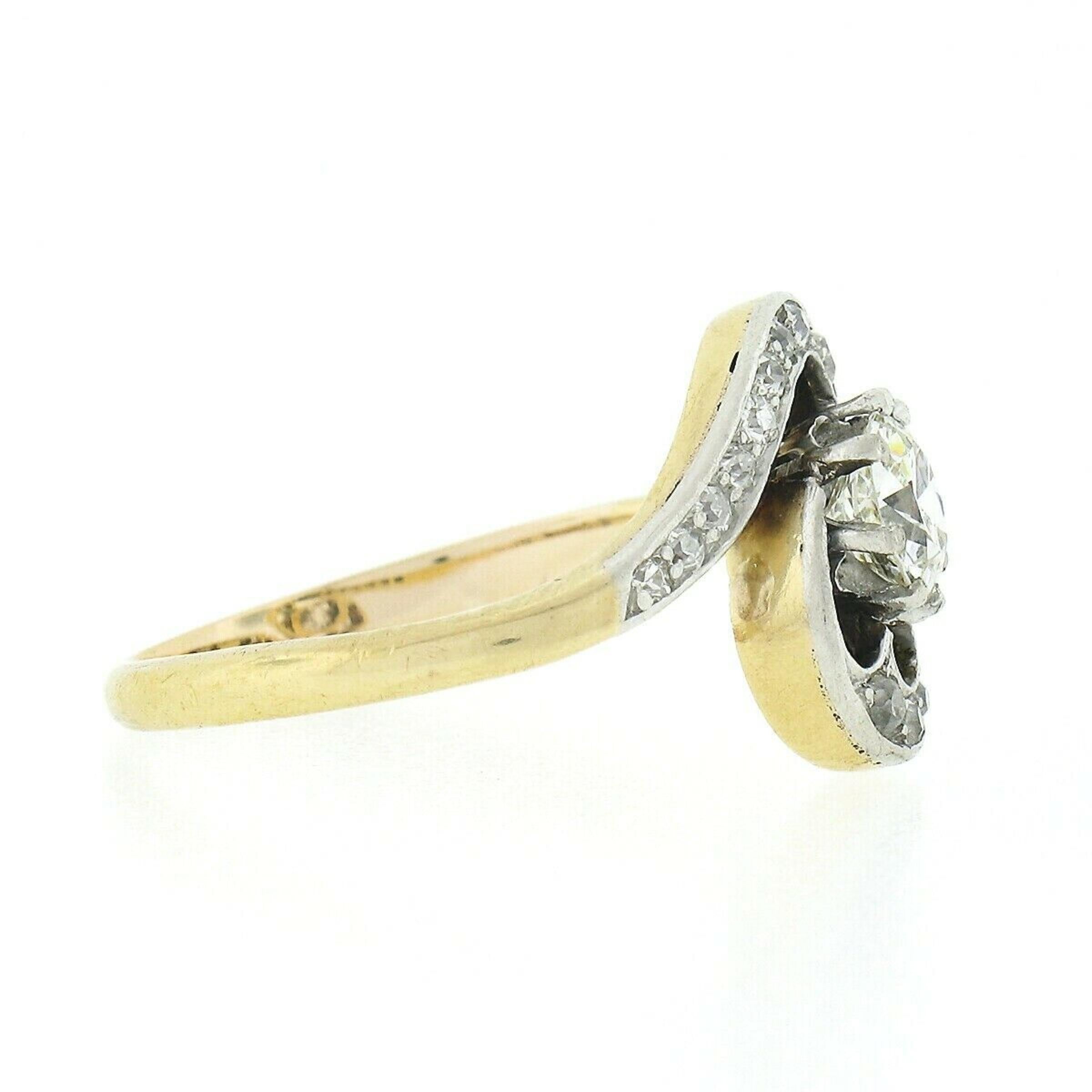 Antique 14k Gold & Platinum 0.80ctw European Diamond Solitaire Swirl Bypass Ring In Good Condition In Montclair, NJ