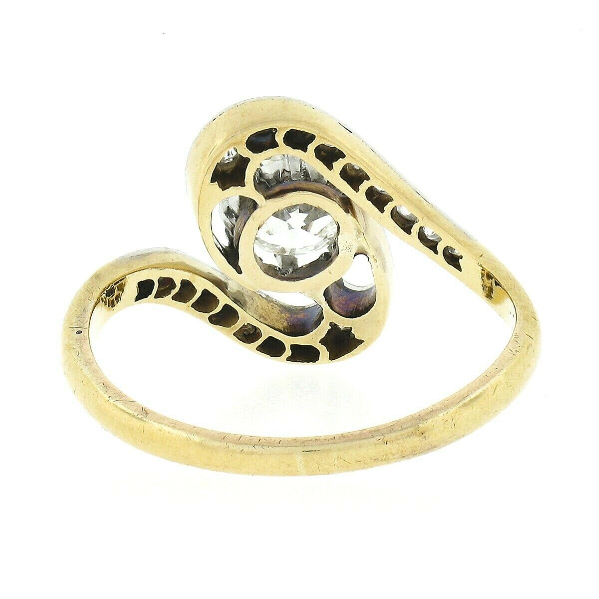 Antique 14k Gold & Platinum 0.80ctw European Diamond Solitaire Swirl Bypass Ring 1