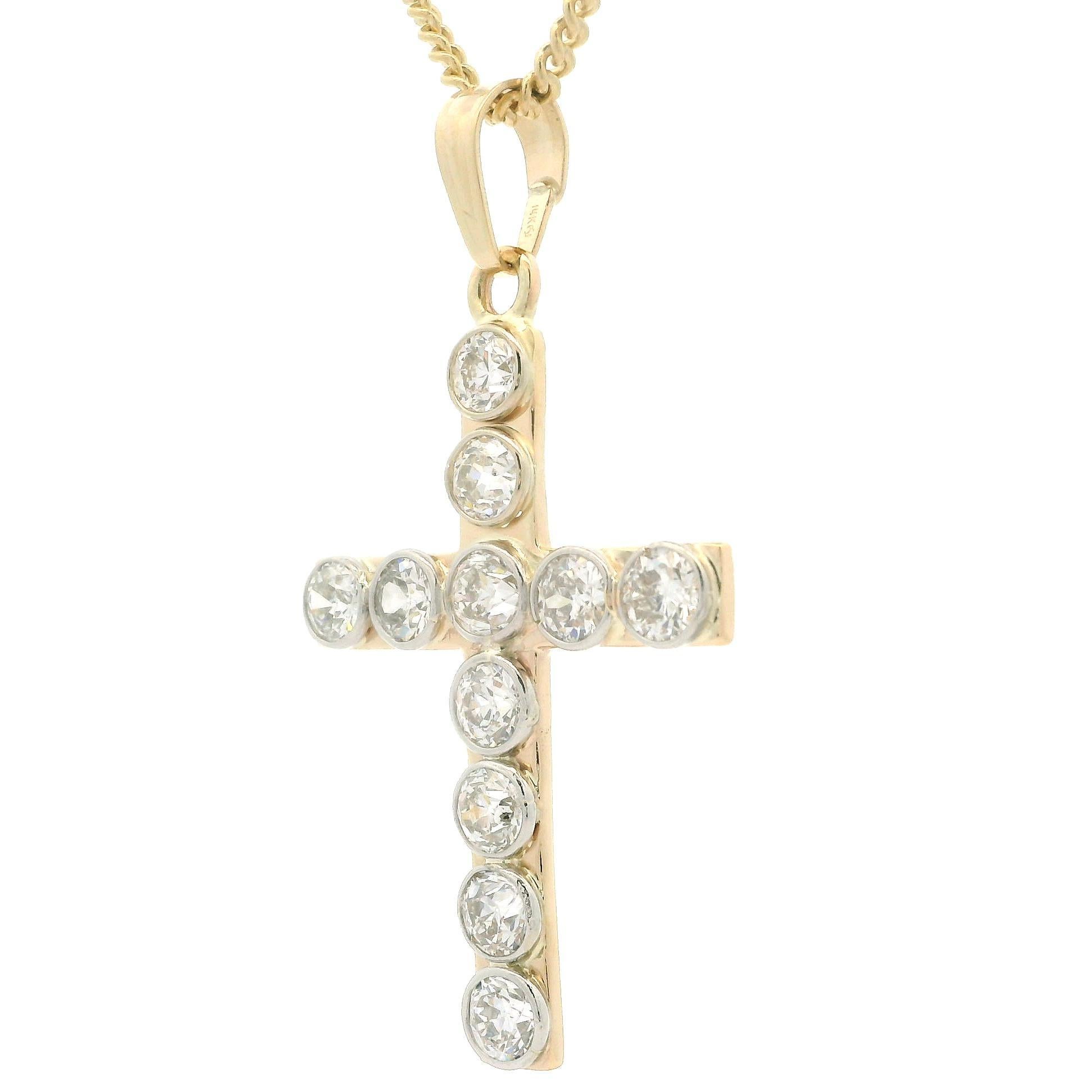 Antique 14k Gold & Platinum 4.63ctw Bezel Diamond Large Cross Pendant Necklace In Excellent Condition For Sale In Montclair, NJ