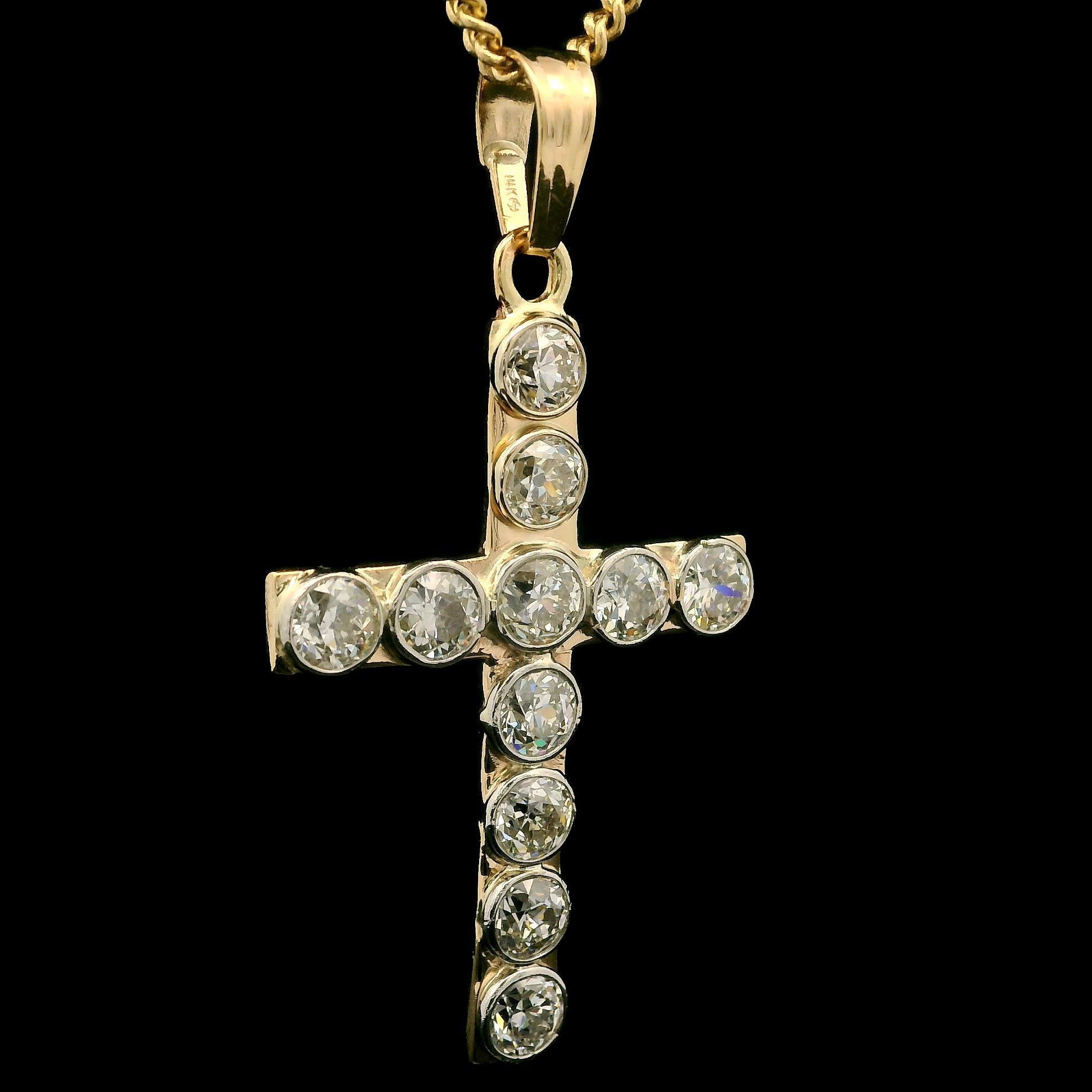 Antique 14k Gold & Platinum 4.63ctw Bezel Diamond Large Cross Pendant Necklace For Sale 1