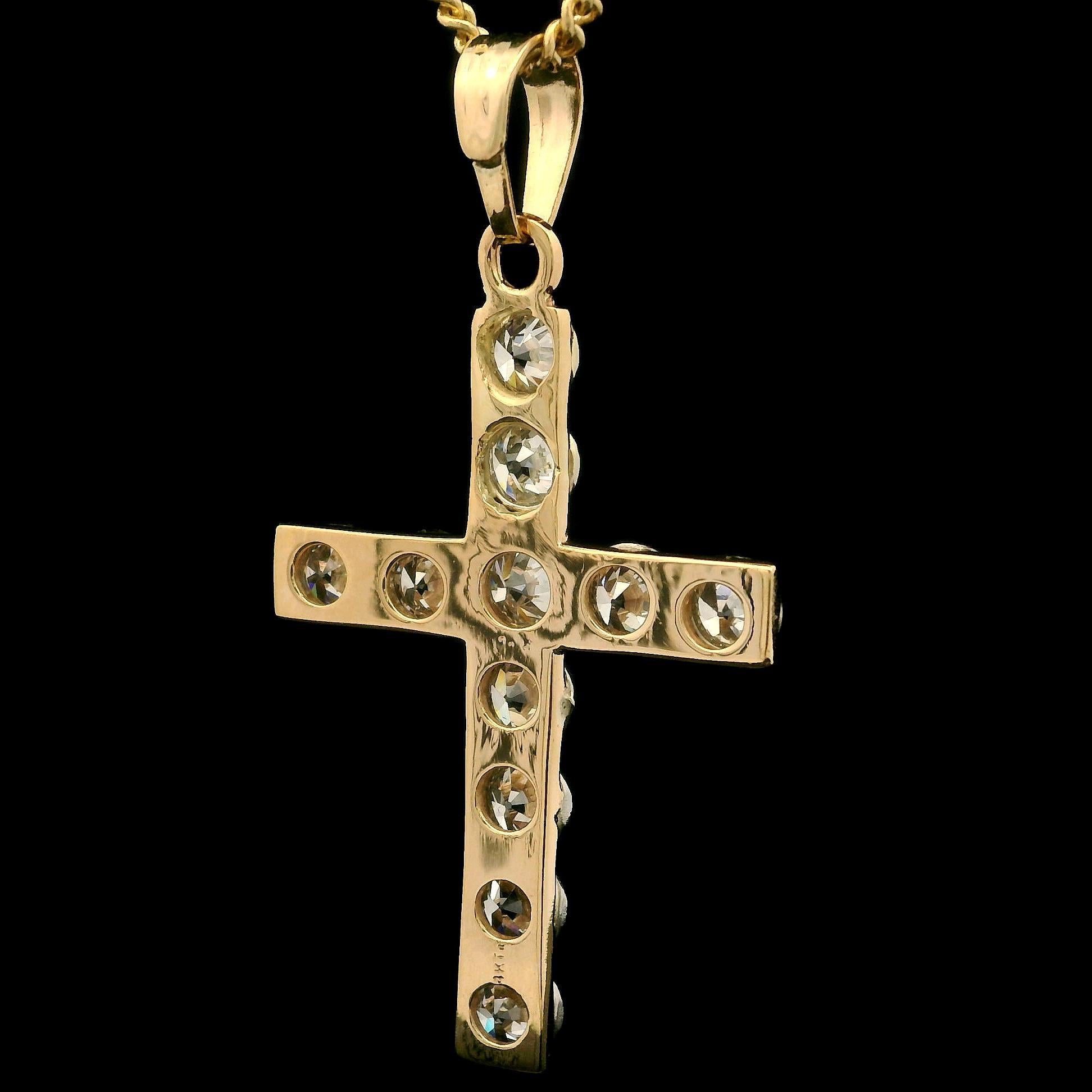 Antique 14k Gold & Platinum 4.63ctw Bezel Diamond Large Cross Pendant Necklace For Sale 2