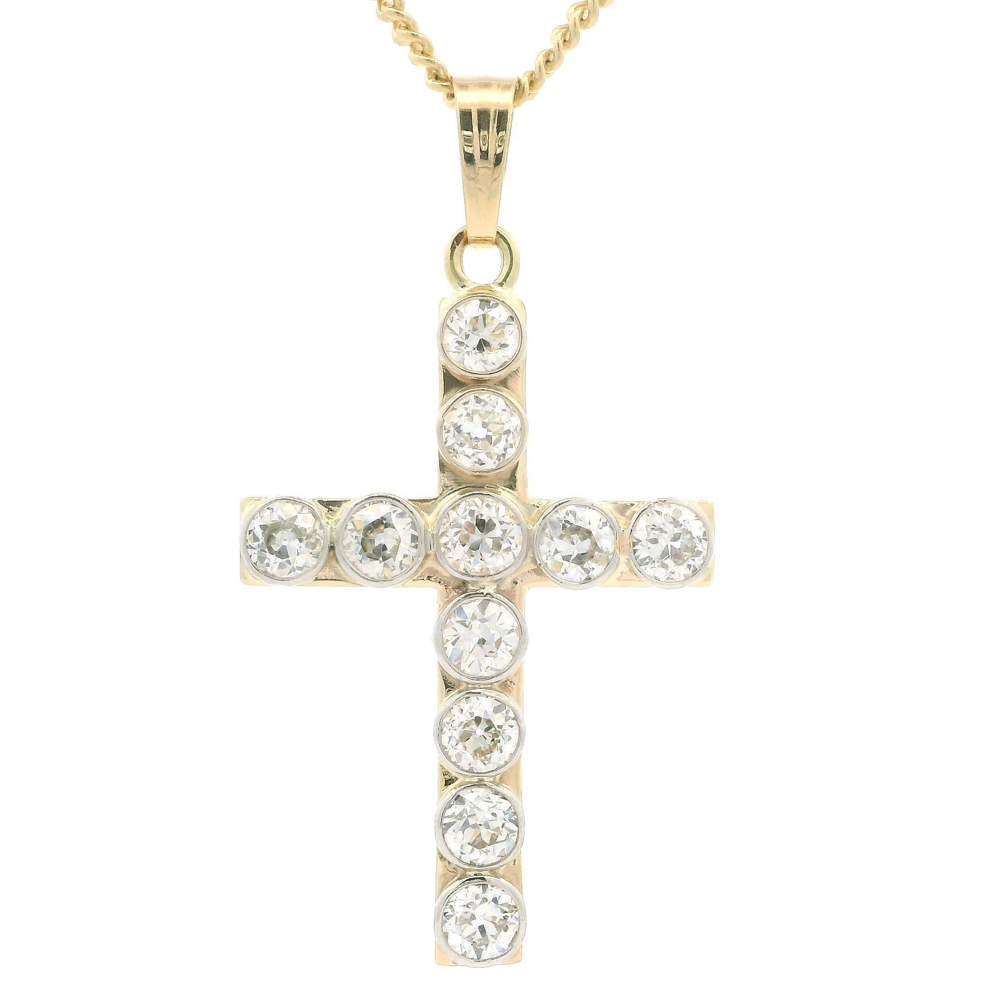Antique 14k Gold & Platinum 4.63ctw Bezel Diamond Large Cross Pendant Necklace For Sale 3