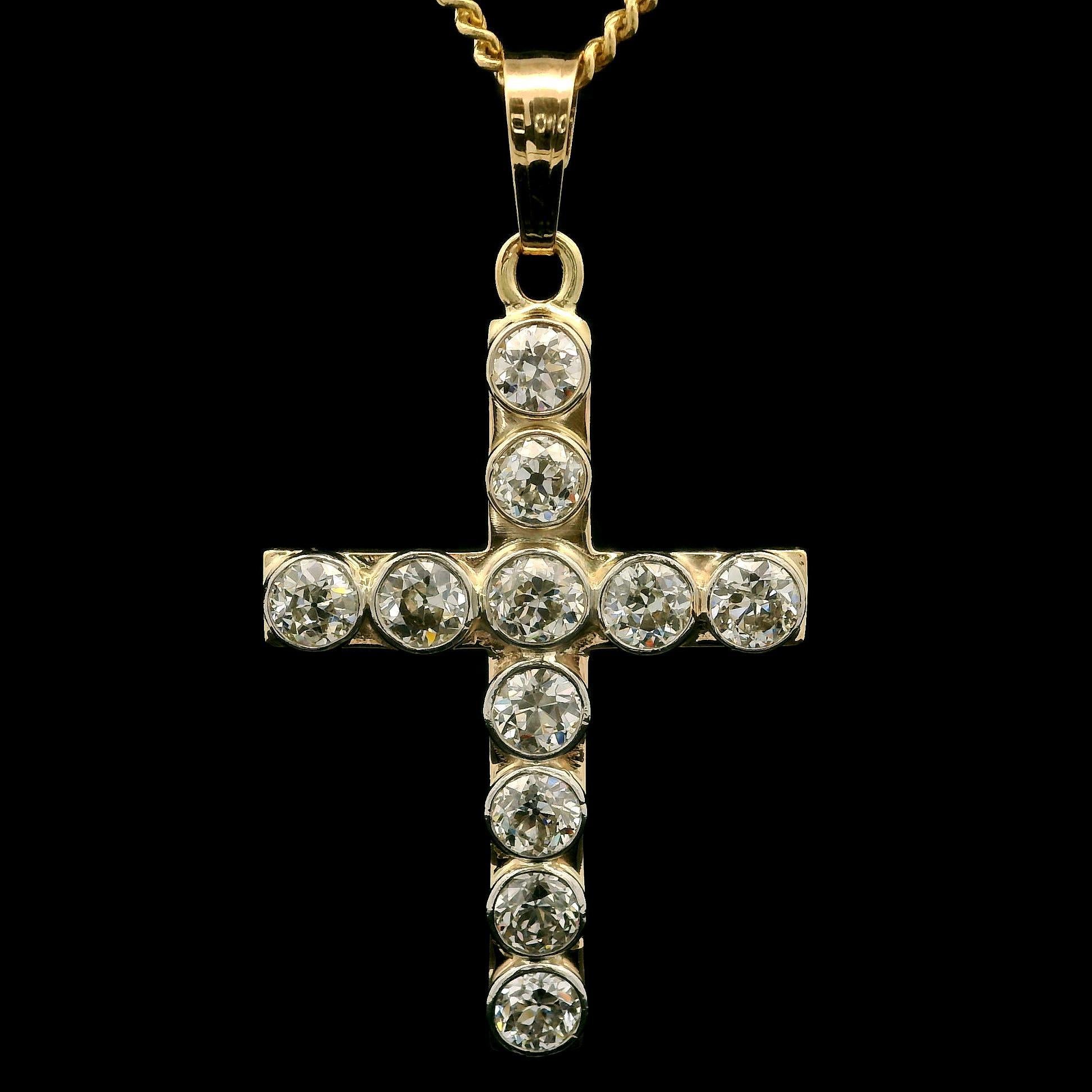Antique 14k Gold & Platinum 4.63ctw Bezel Diamond Large Cross Pendant Necklace For Sale 4