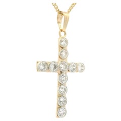 Antique 14k Gold & Platinum 4.63ctw Bezel Diamond Large Cross Pendant Necklace