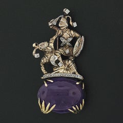 Antique 14k Gold Platinum Diamond Detailed Knights Fighting on Amethyst Brooch
