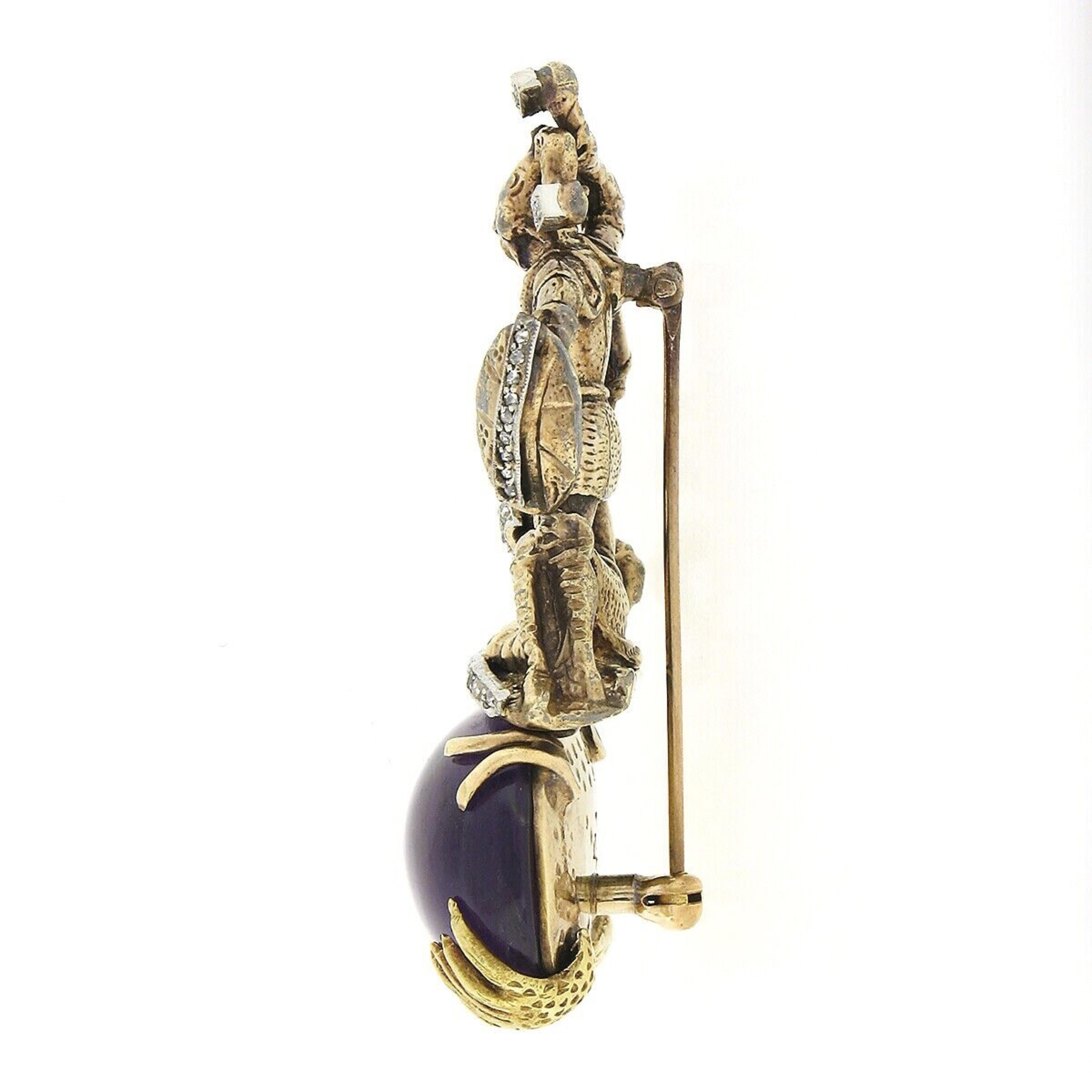 Antique 14k Gold Platinum Diamond Detailed Knights Fighting on Amethyst Brooch In Good Condition For Sale In Montclair, NJ
