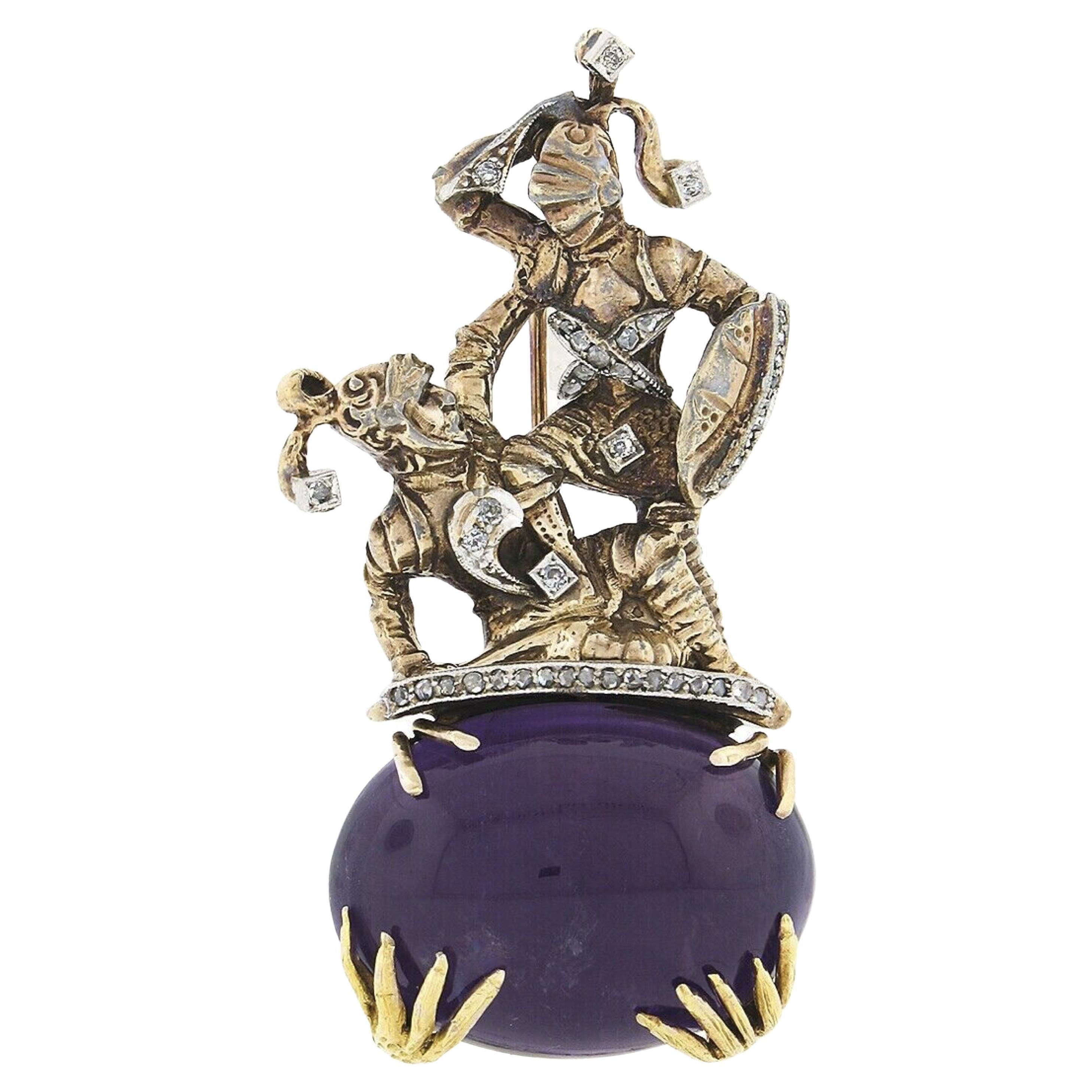 Antique 14k Gold Platinum Diamond Detailed Knights Fighting on Amethyst Brooch For Sale