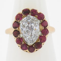 Antique 14k Gold & Platinum GIA Old Mine Pear Diamond Ruby Halo Engagement Ring